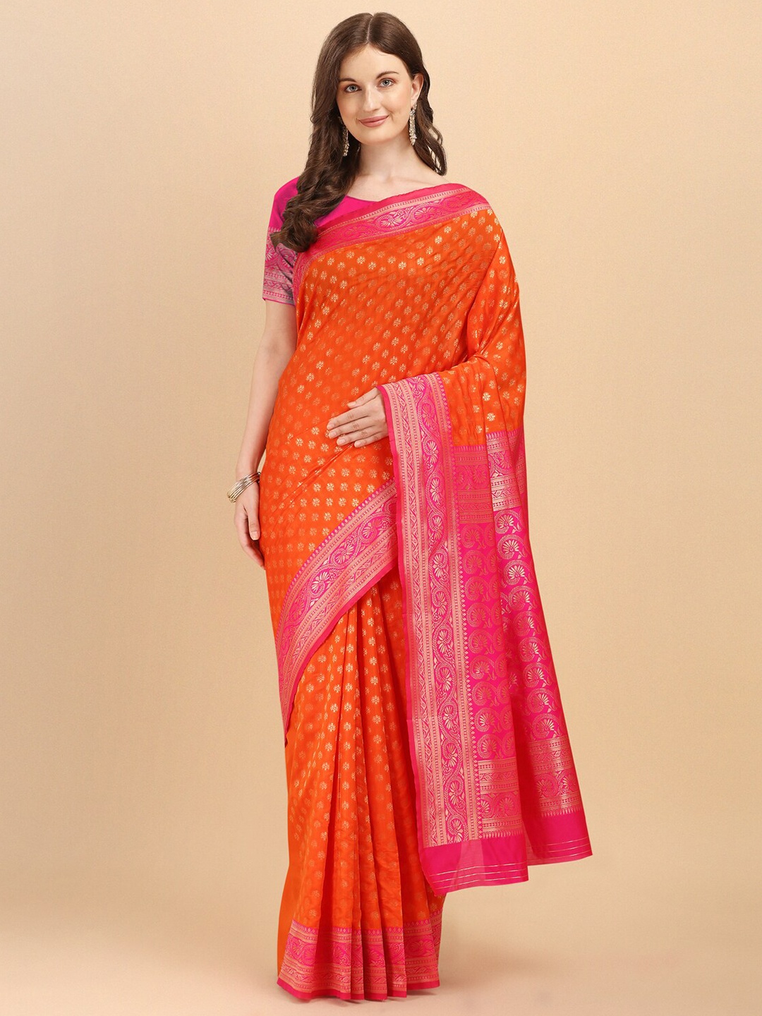 

Wuxi Women Orange & Pink Woven Design Zari Pure Silk Banarasi Saree