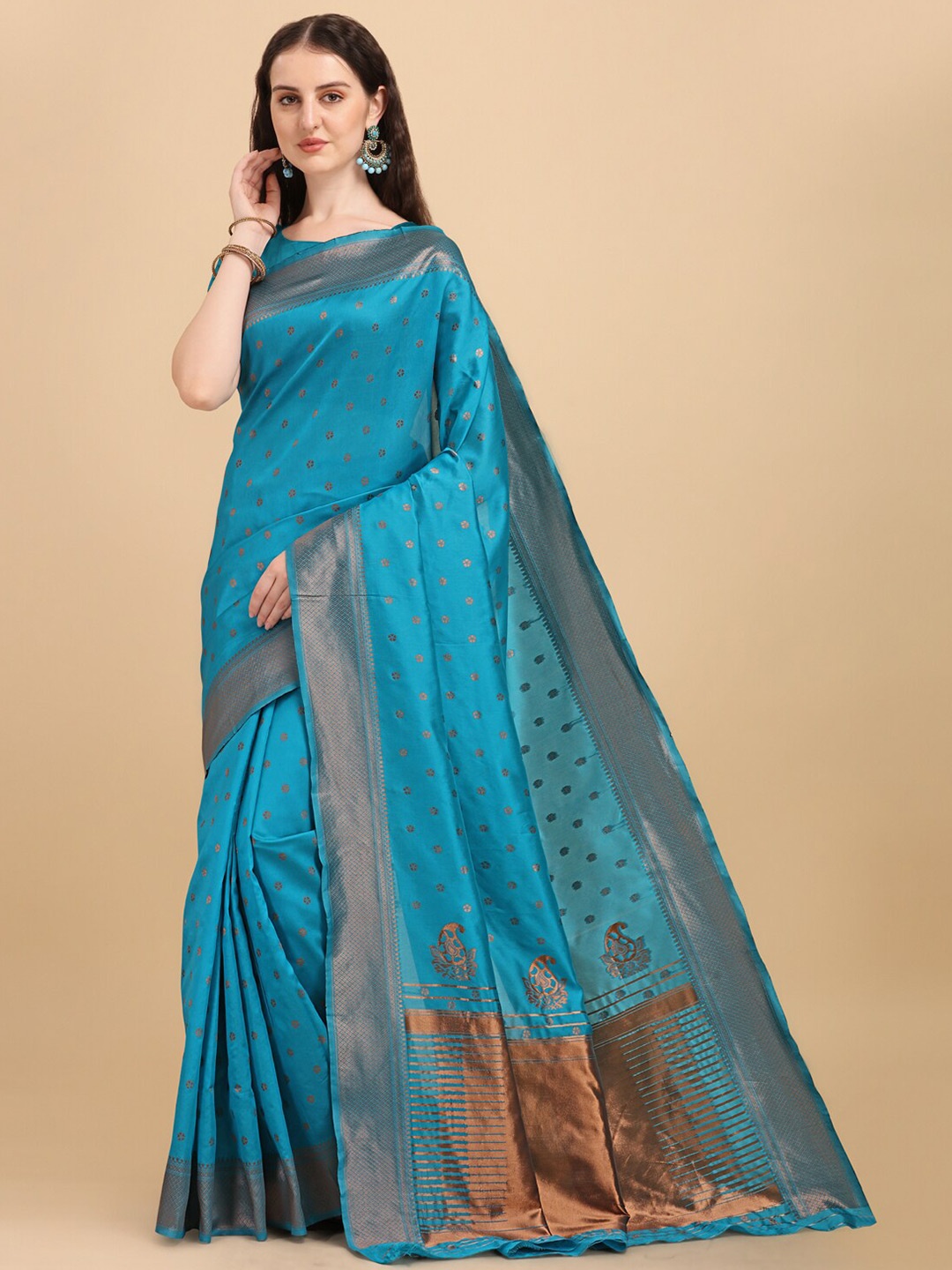 

Wuxi Women Blue & Gold-Toned Woven Design Pure Silk Banarasi Saree