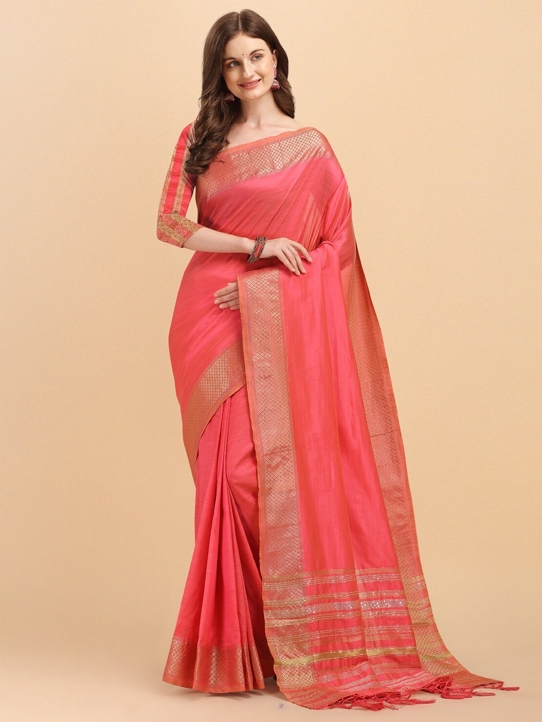 

Wuxi Coral & Gold-Toned Pure Silk Banarasi Saree