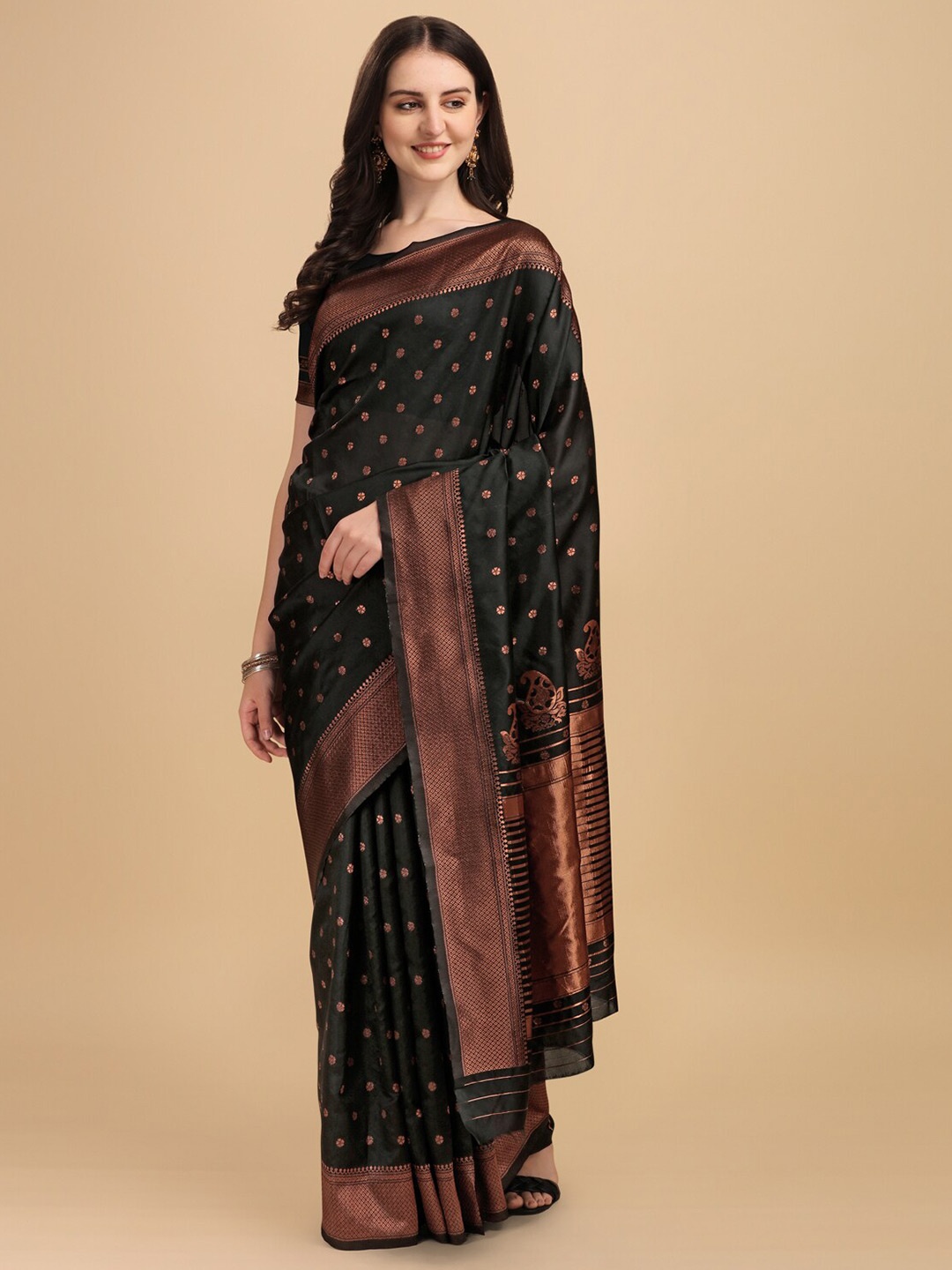 

Wuxi Black & Brown Woven Design Zari Pure Silk Banarasi Saree