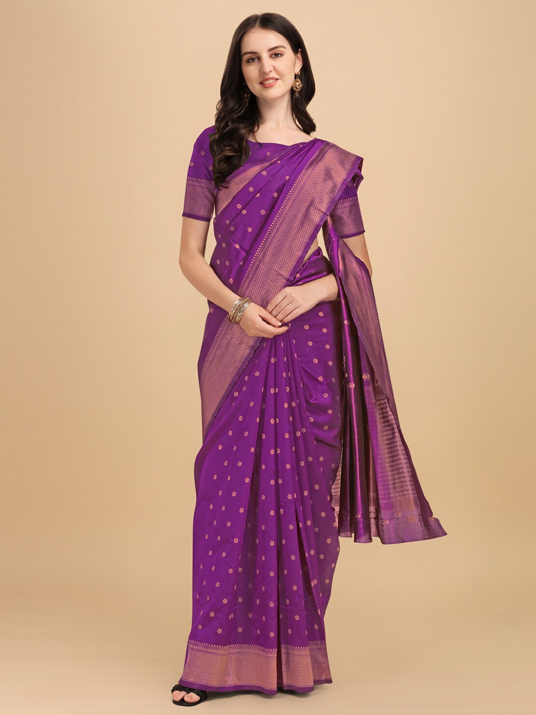 

Wuxi Purple & Gold-Toned Woven Design Zari Pure Silk Banarasi Saree