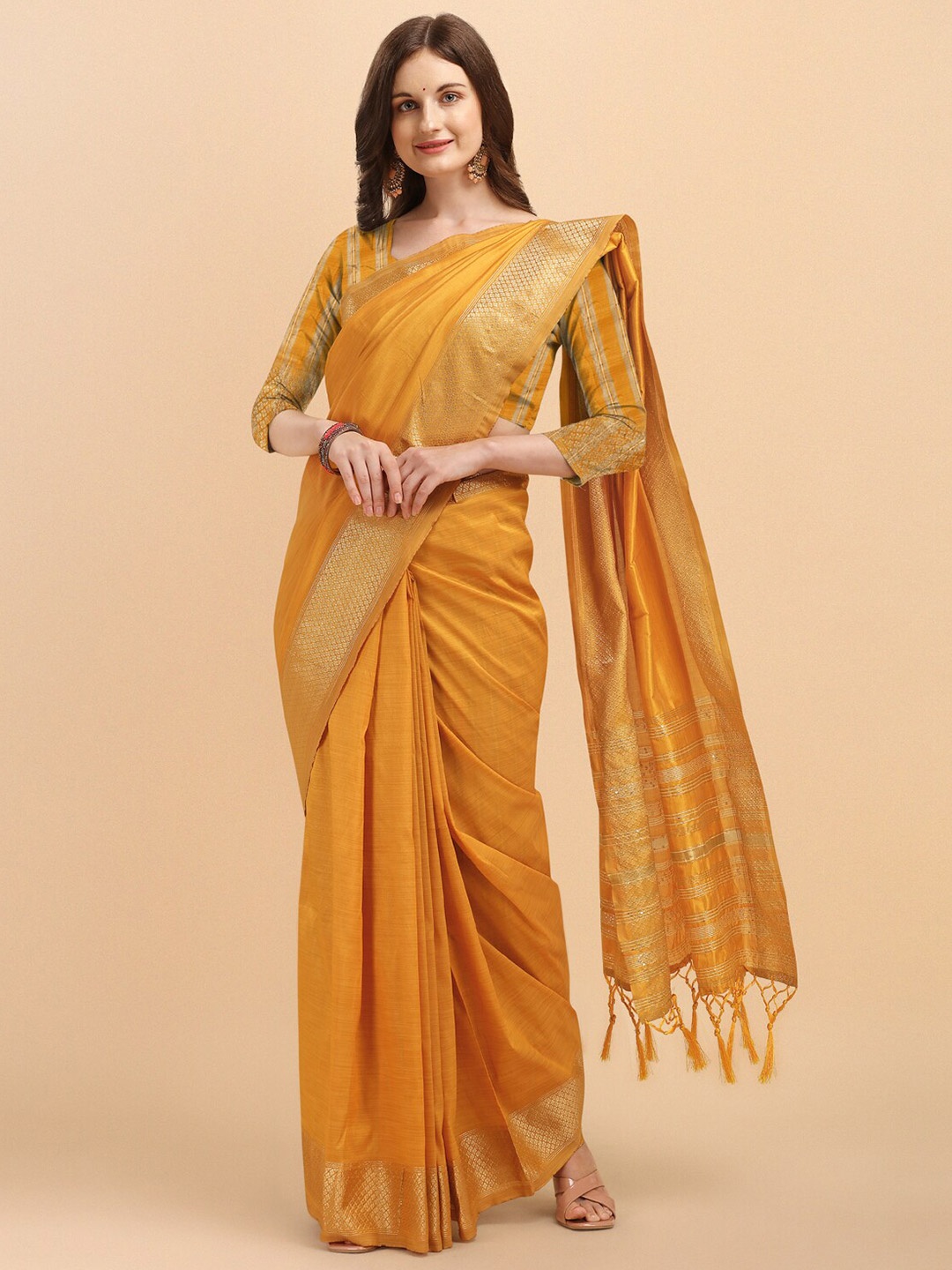 

Wuxi Yellow & Gold-Toned Woven Design Zari Pure Silk Banarasi Saree