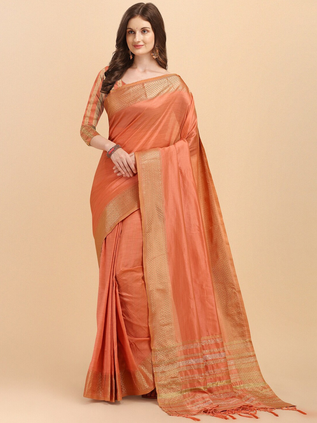 

Wuxi Peach & Gold-Toned Woven Design Zari Border Pure Silk Banarasi Saree