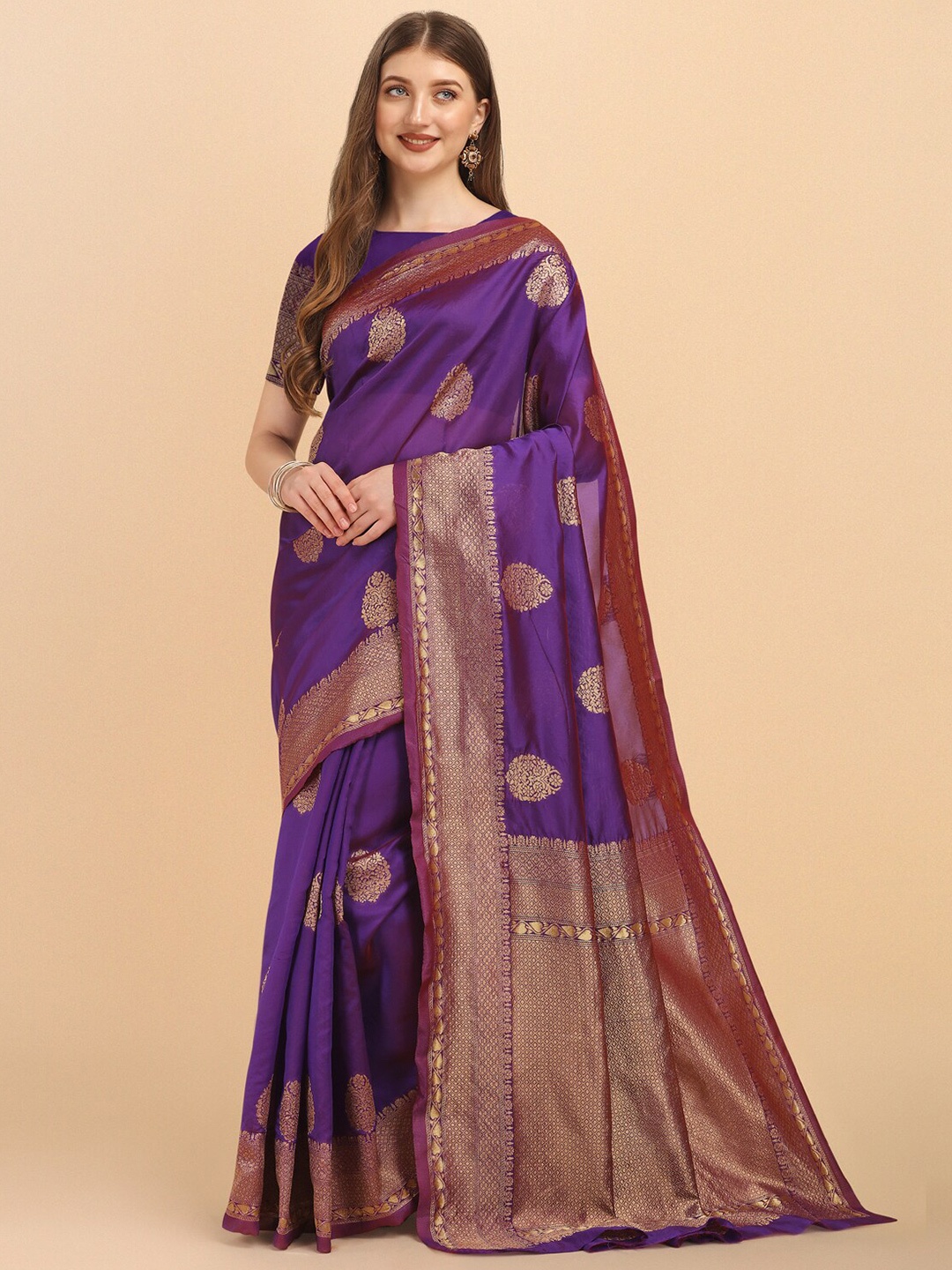 

Wuxi Women Purple & Copper-Toned Woven Design Zari Pure Silk Banarasi Saree