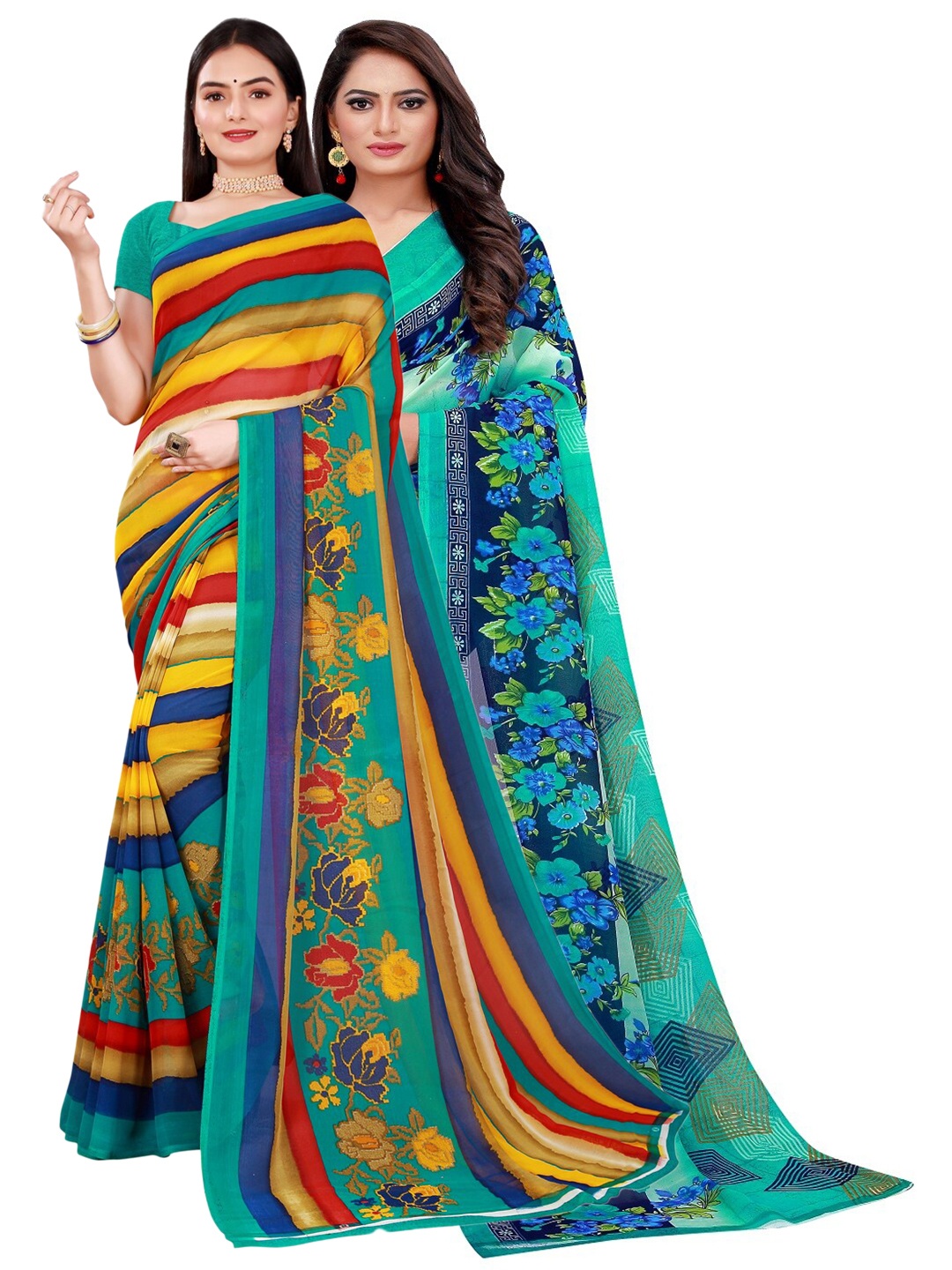 

SAADHVI Turquoise Blue & Red Pure Georgette Saree