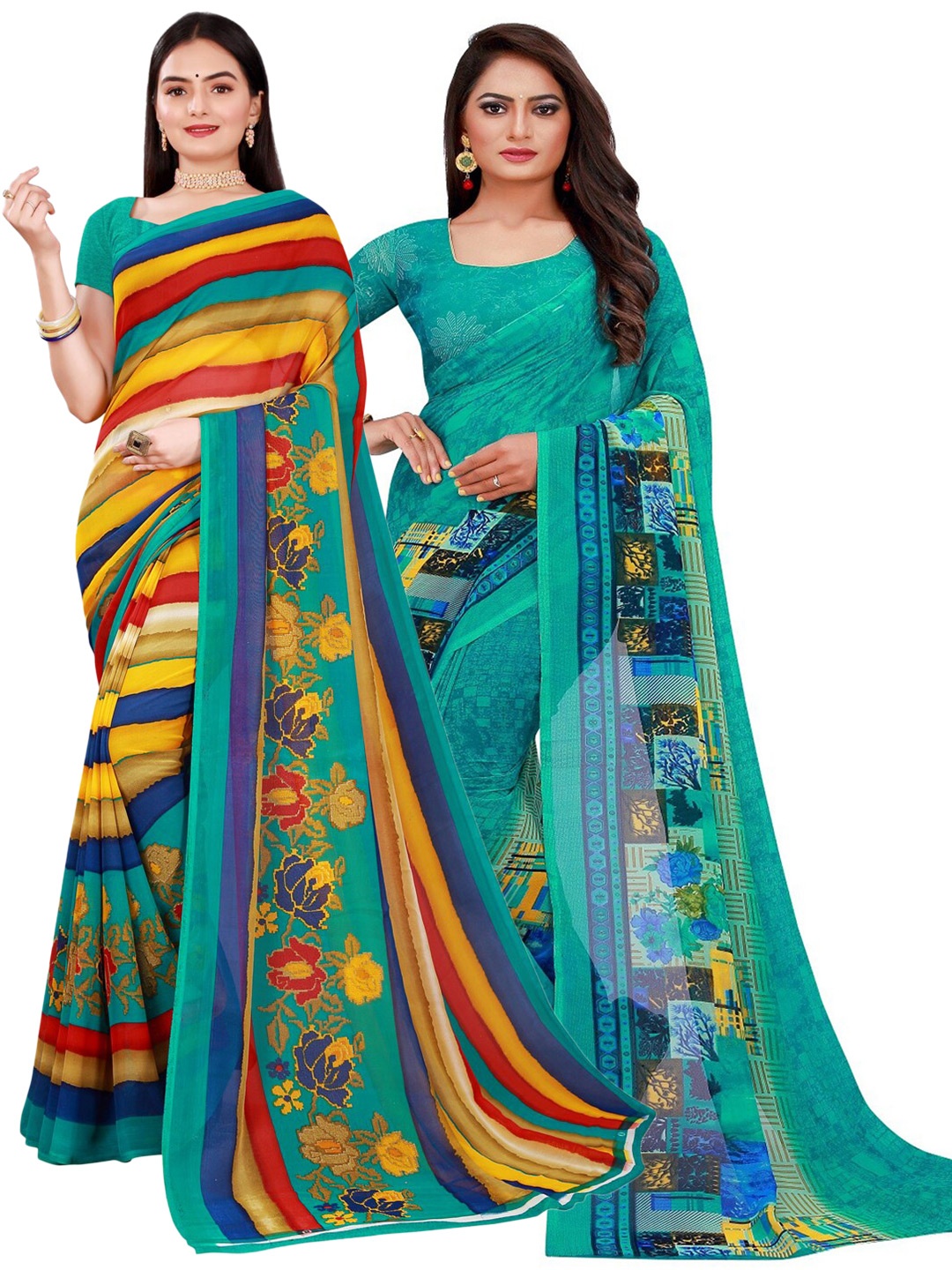 

SAADHVI Turquoise Blue & Red Pure Georgette Saree