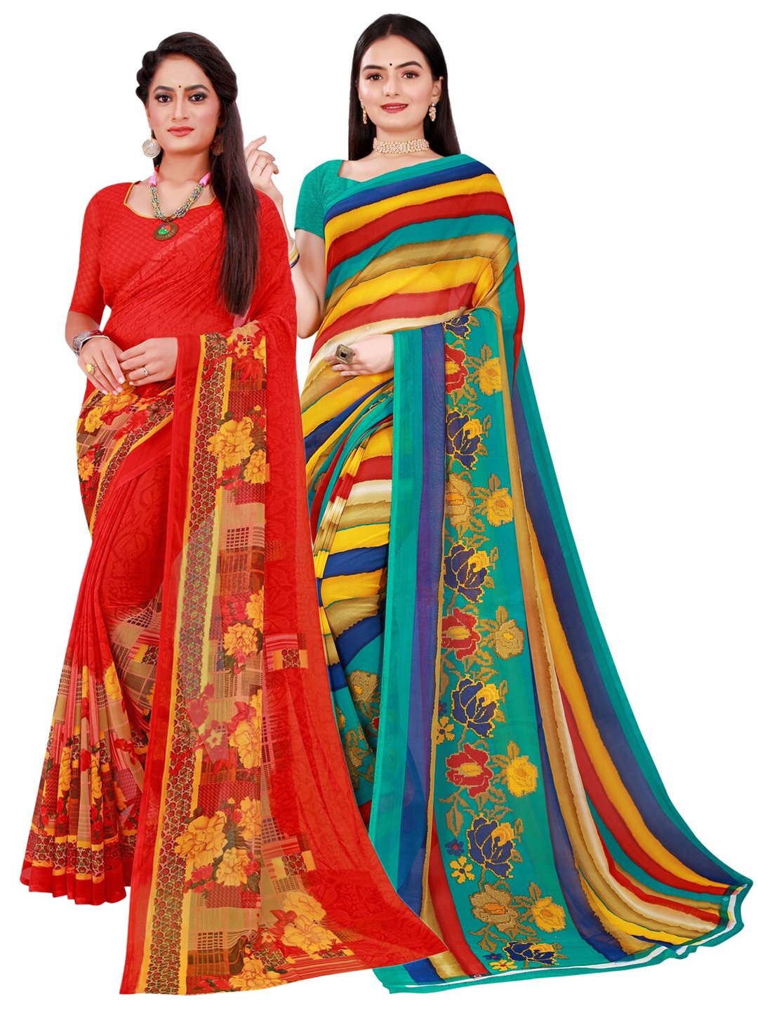 

SAADHVI Blue & Red Pure Georgette Saree