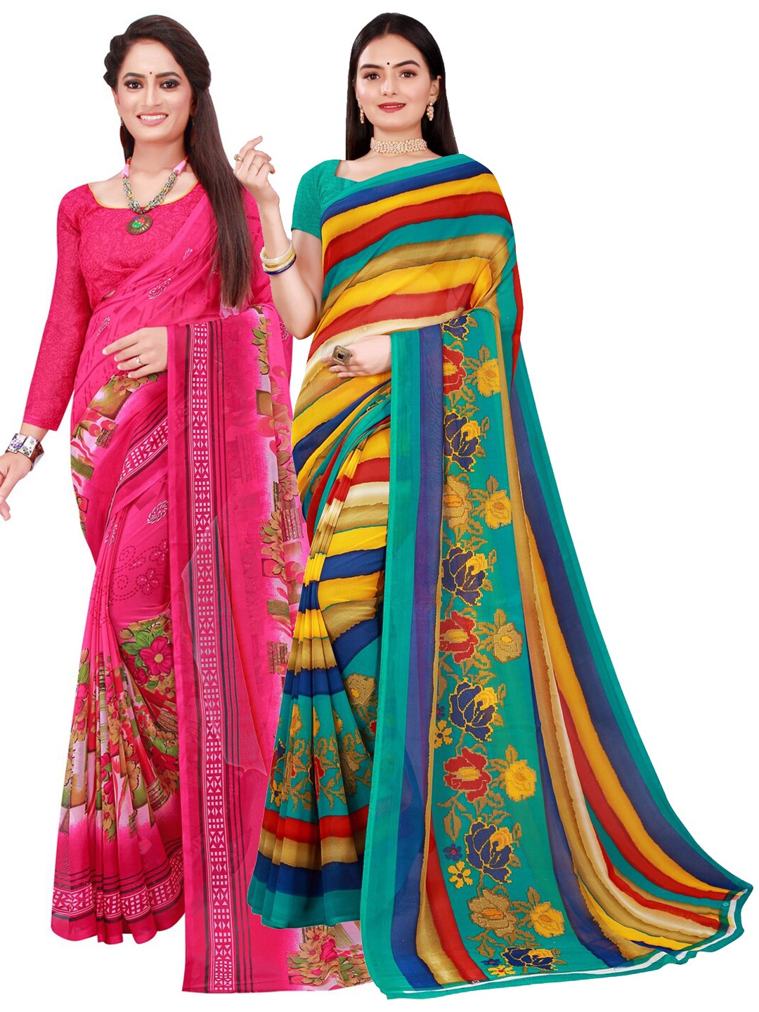

SAADHVI Blue & Pink Pure Georgette Saree