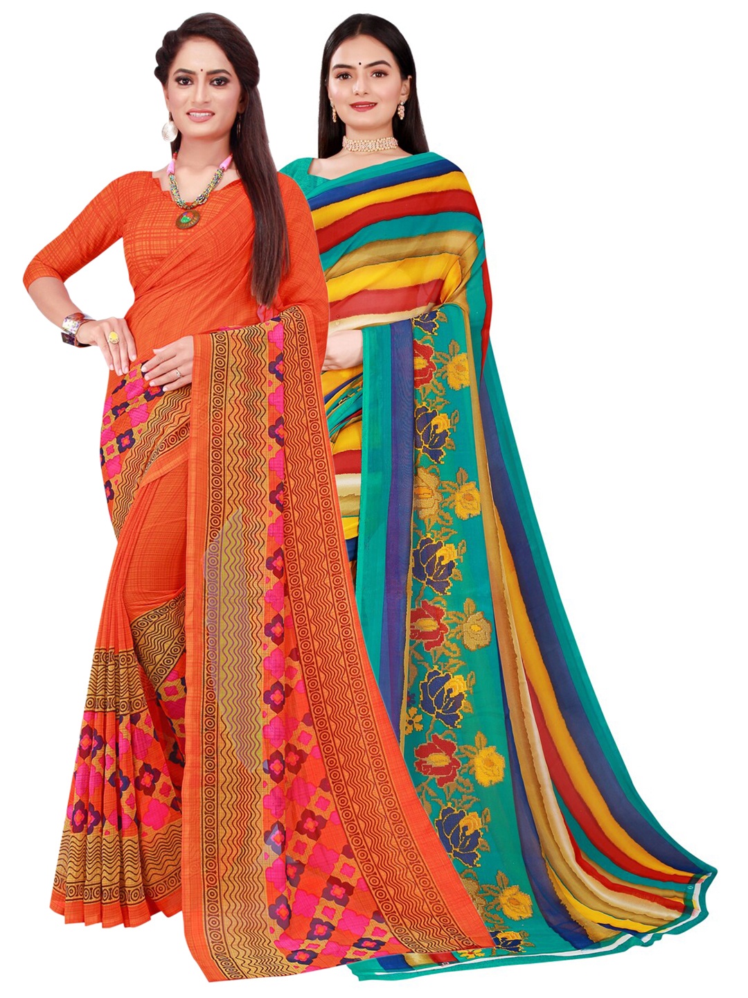 

SAADHVI Orange & Blue Pure Georgette Saree