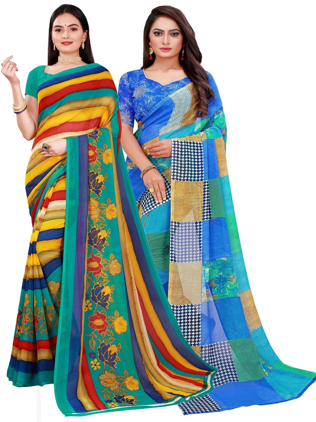 

SAADHVI Blue & Yellow Pure Georgette Saree