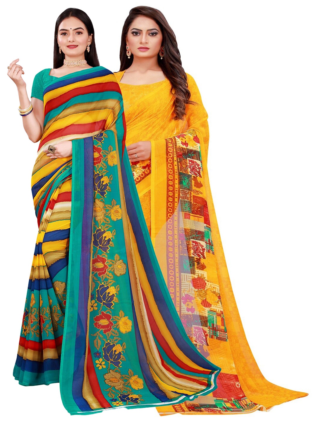 

SAADHVI Yellow & Blue Pure Georgette Saree