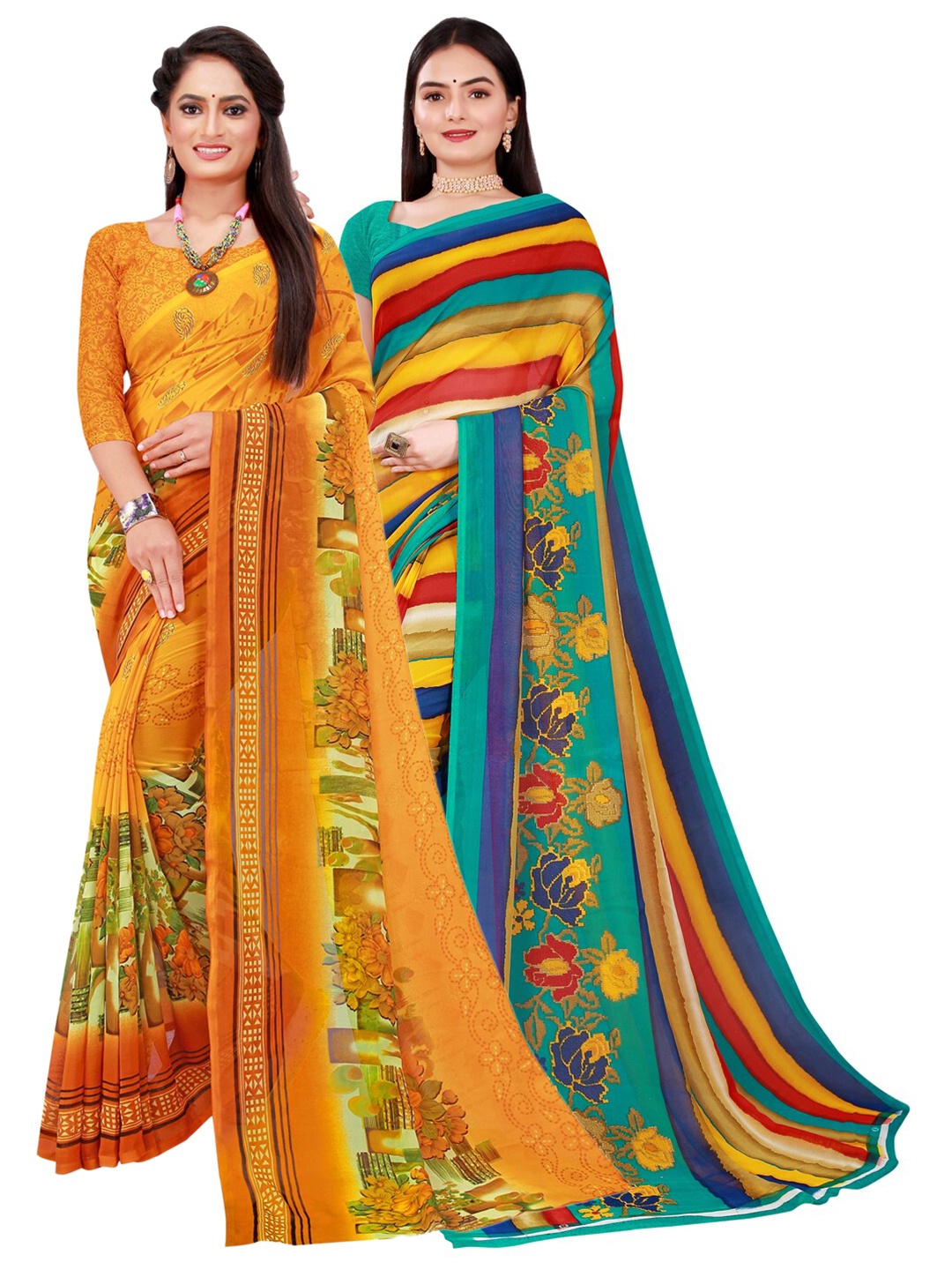 

SAADHVI Yellow & Red Pure Georgette Saree