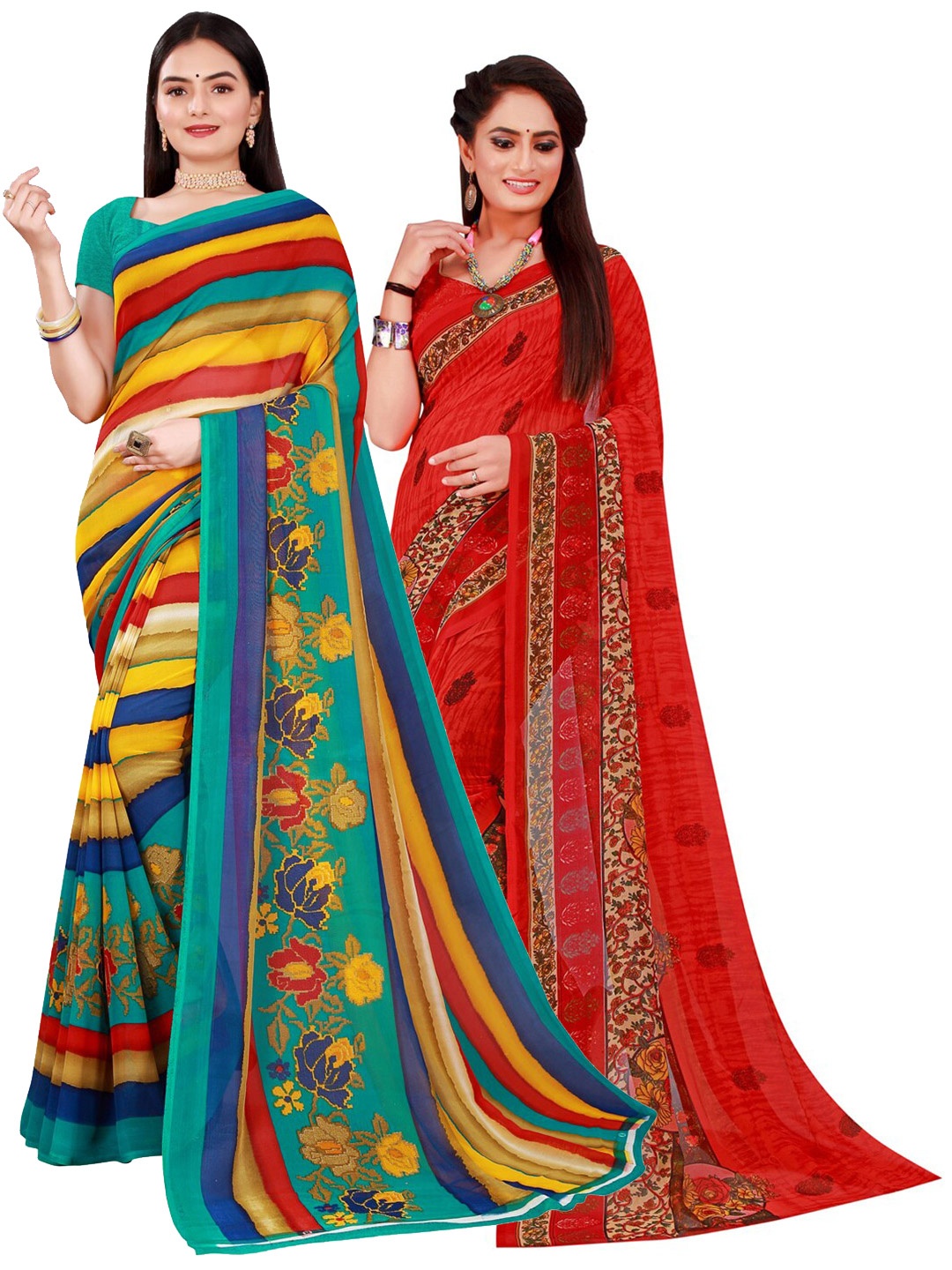 

SAADHVI Red & Blue Pure Georgette Saree