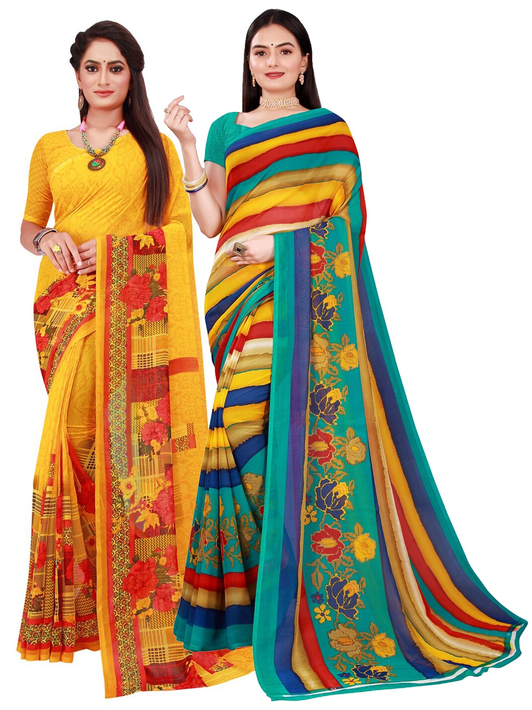 SAADHVI Yellow & Blue Floral Pure Georgette Saree
