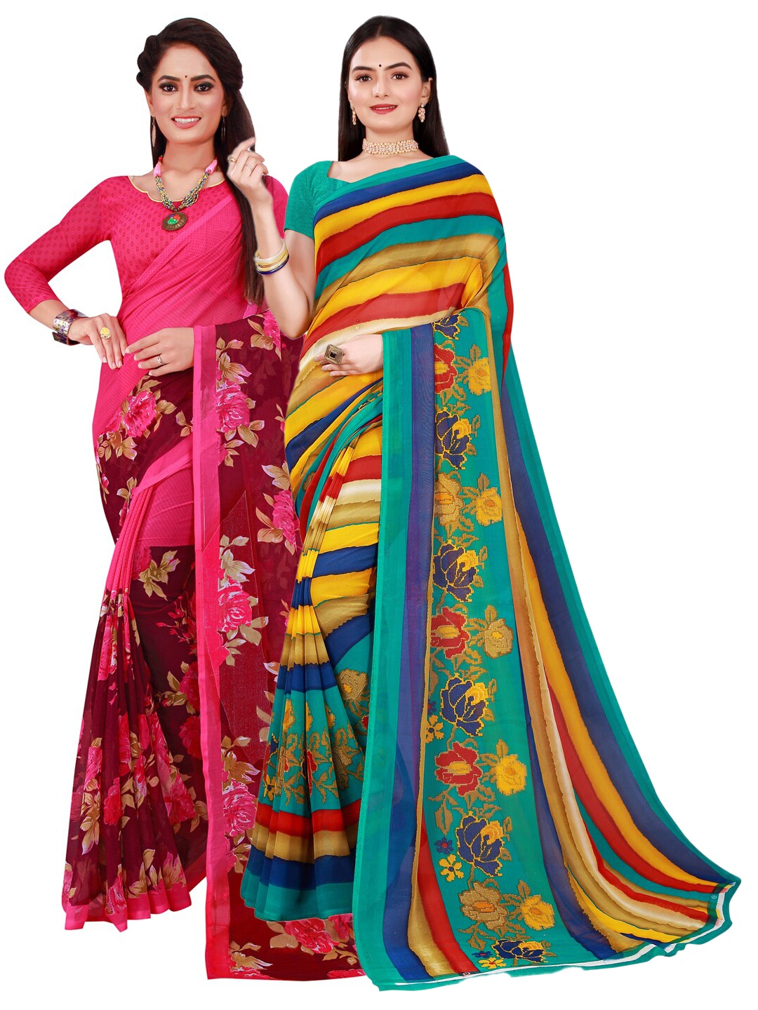 SAADHVI Magenta & Blue Floral Pure Georgette Saree
