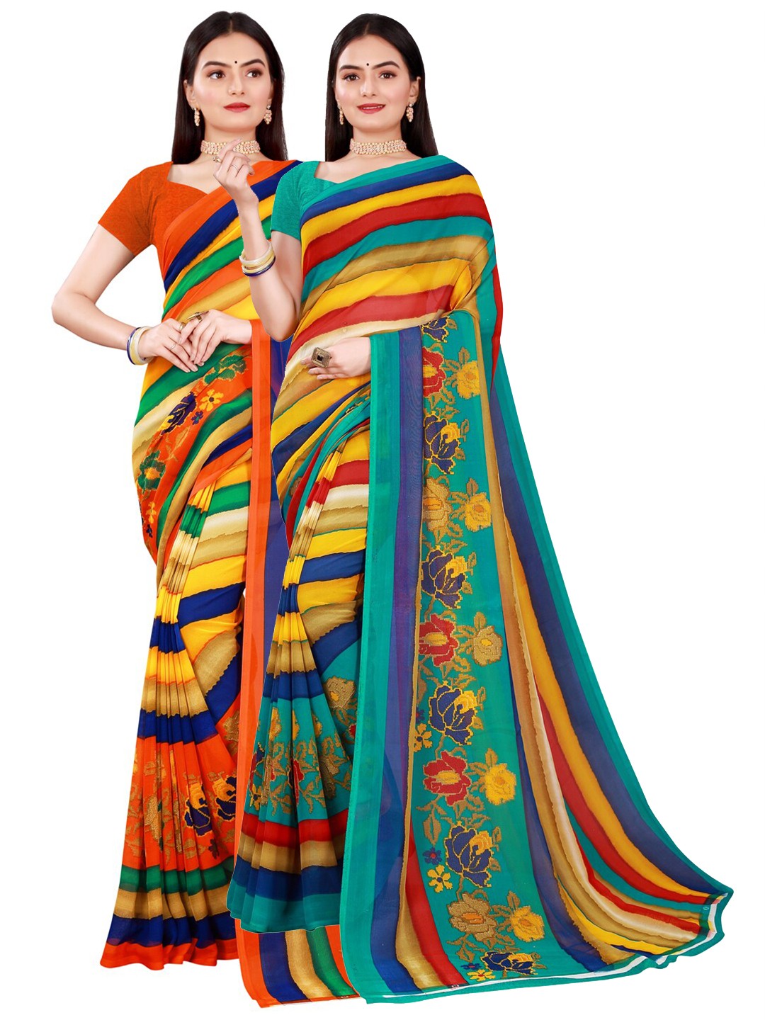 

SAADHVI Orange & Blue Floral Pure Georgette Saree