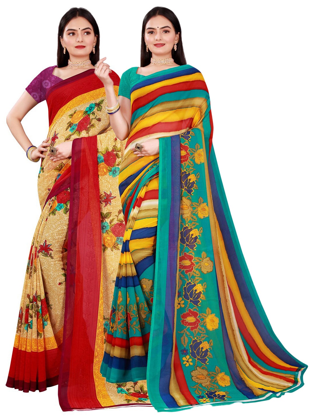 

SAADHVI Beige & Blue Floral Pure Georgette Saree