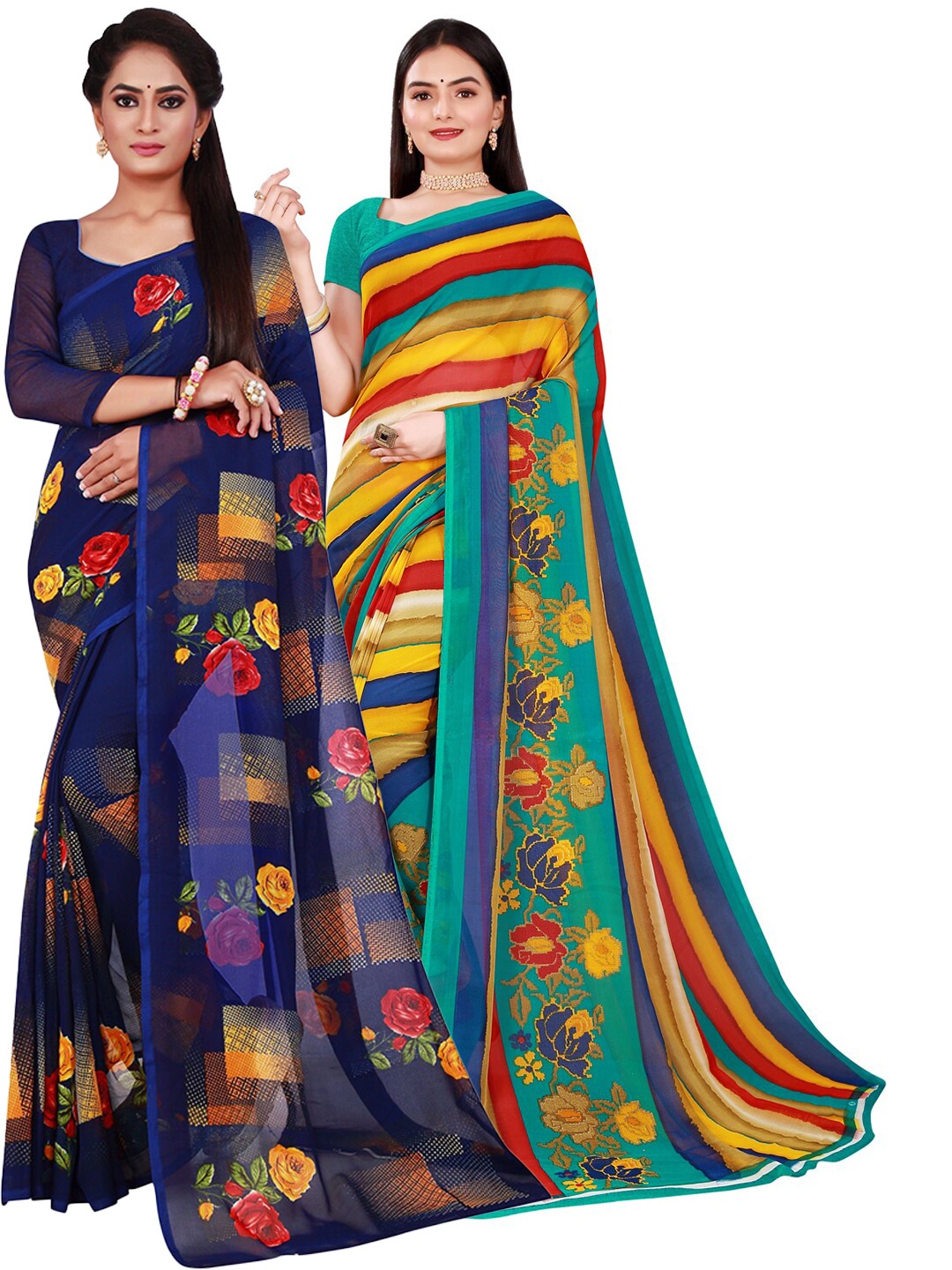 

SAADHVI Navy Blue & Red Floral Pure Georgette Saree