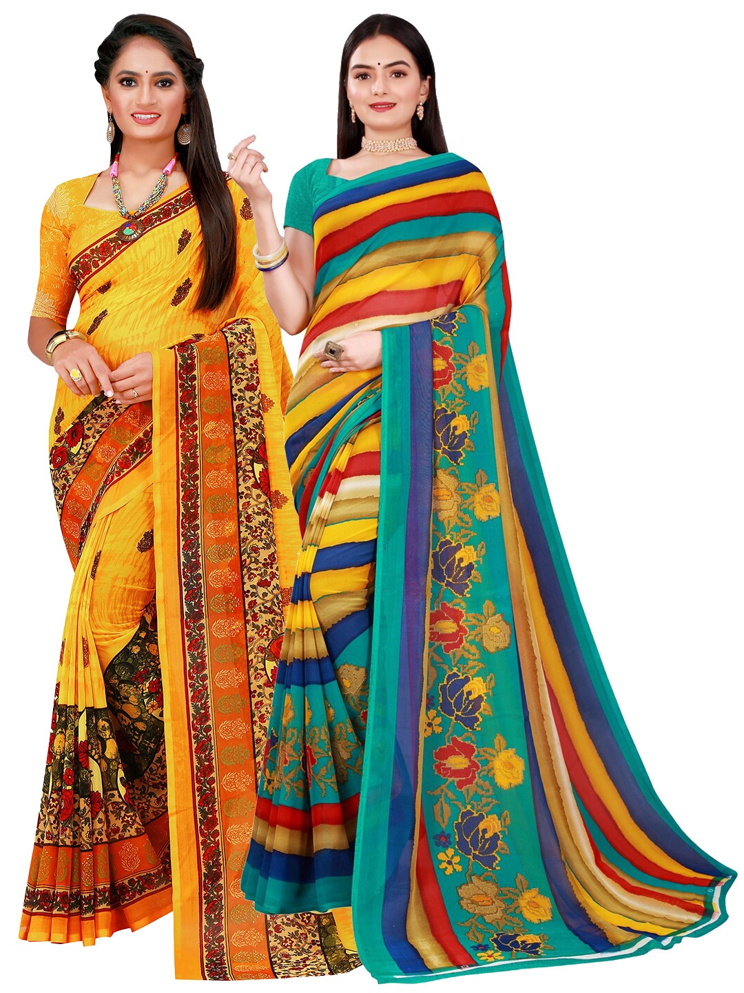 

SAADHVI Yellow & Blue Floral Pure Georgette Saree