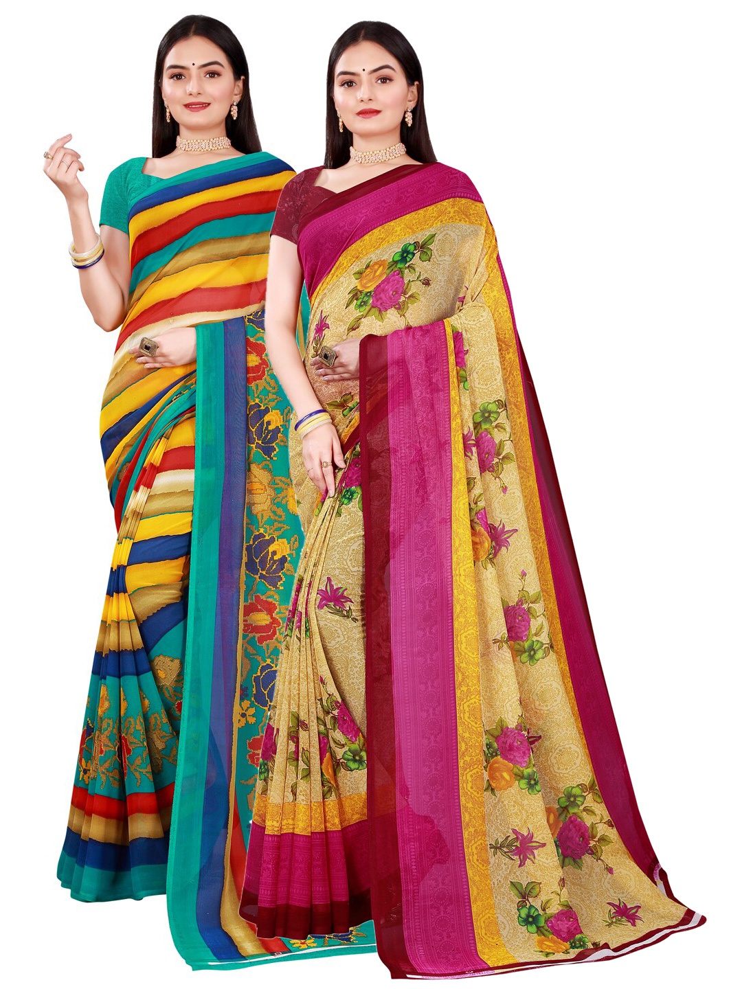 

SAADHVI Beige & Red Pure Georgette Saree
