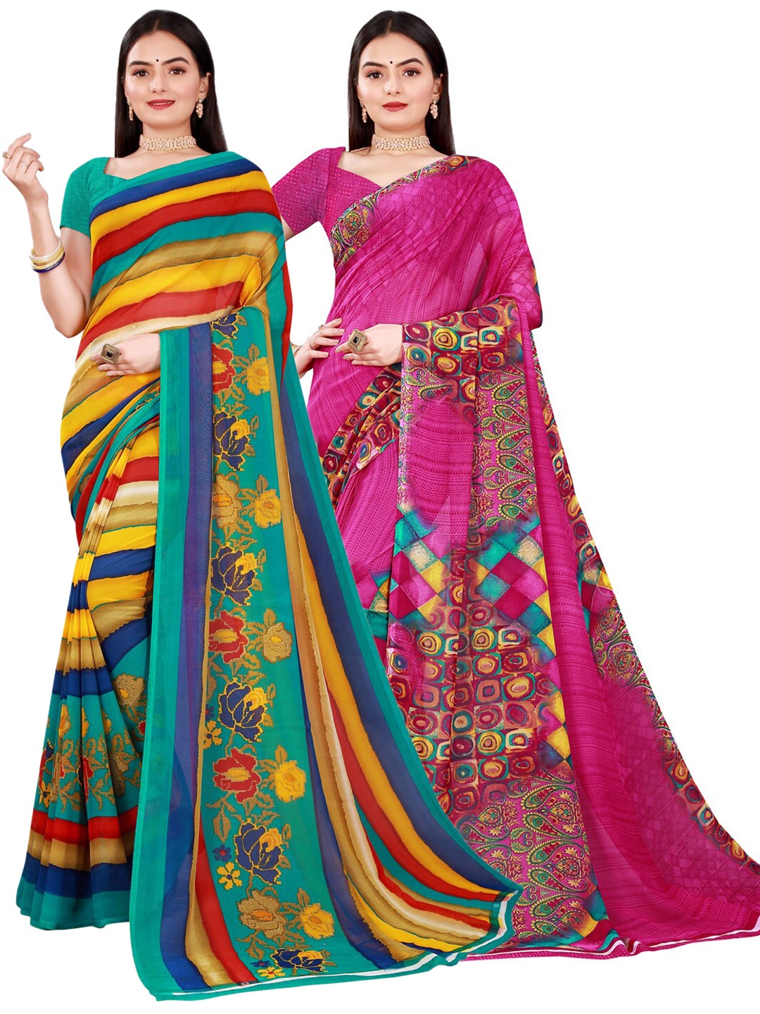 

SAADHVI Magenta & Blue Floral Pure Georgette Saree