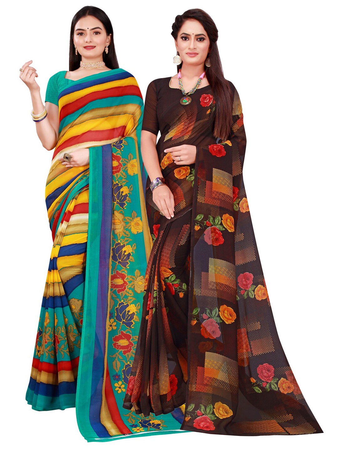 SAADHVI Brown & Blue Floral Pure Georgette Saree
