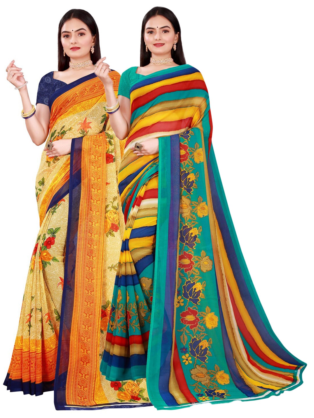 

SAADHVI Beige & Blue Floral Pure Georgette Saree