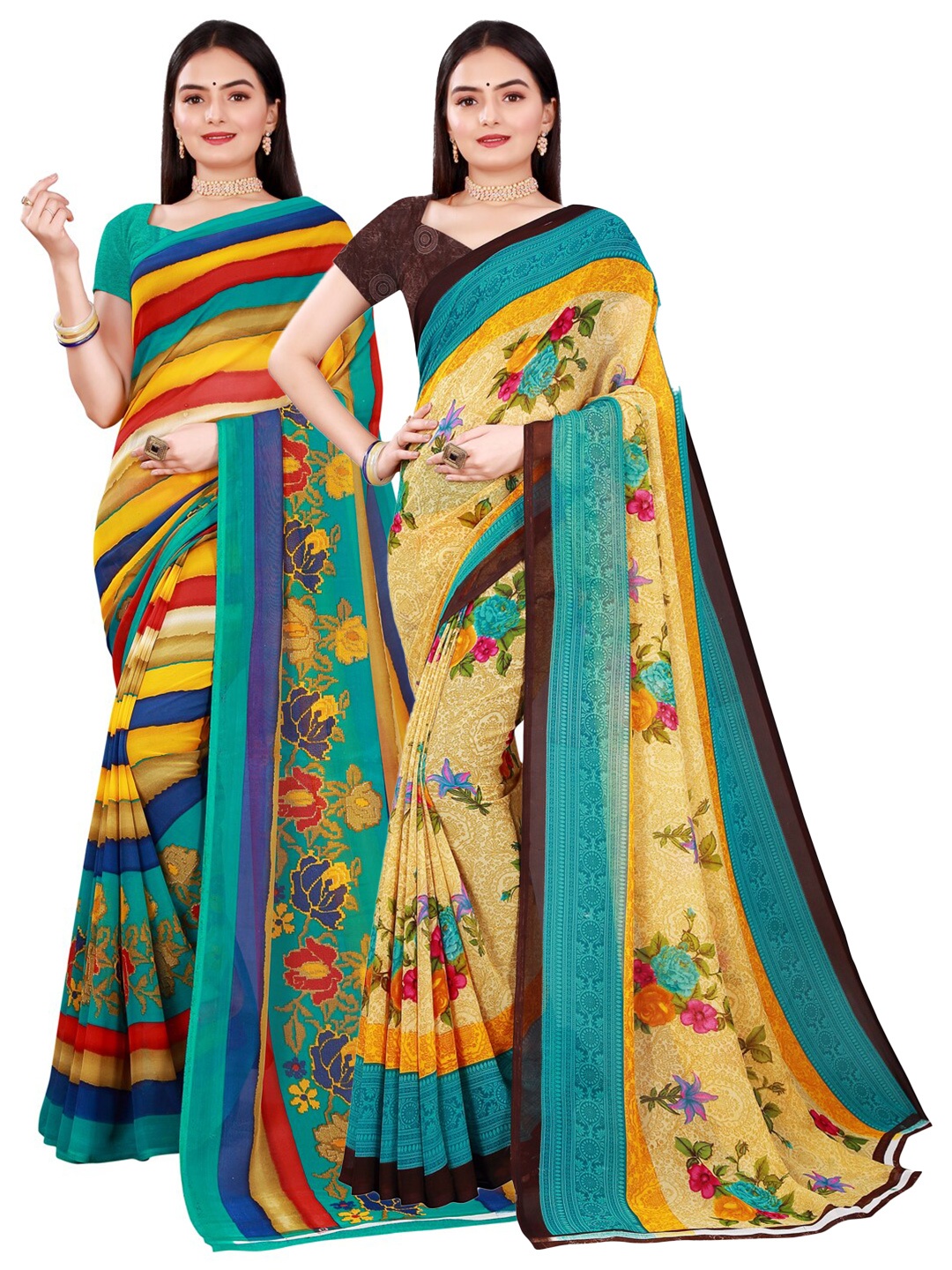 

SAADHVI Beige & Blue Floral Pure Georgette Saree