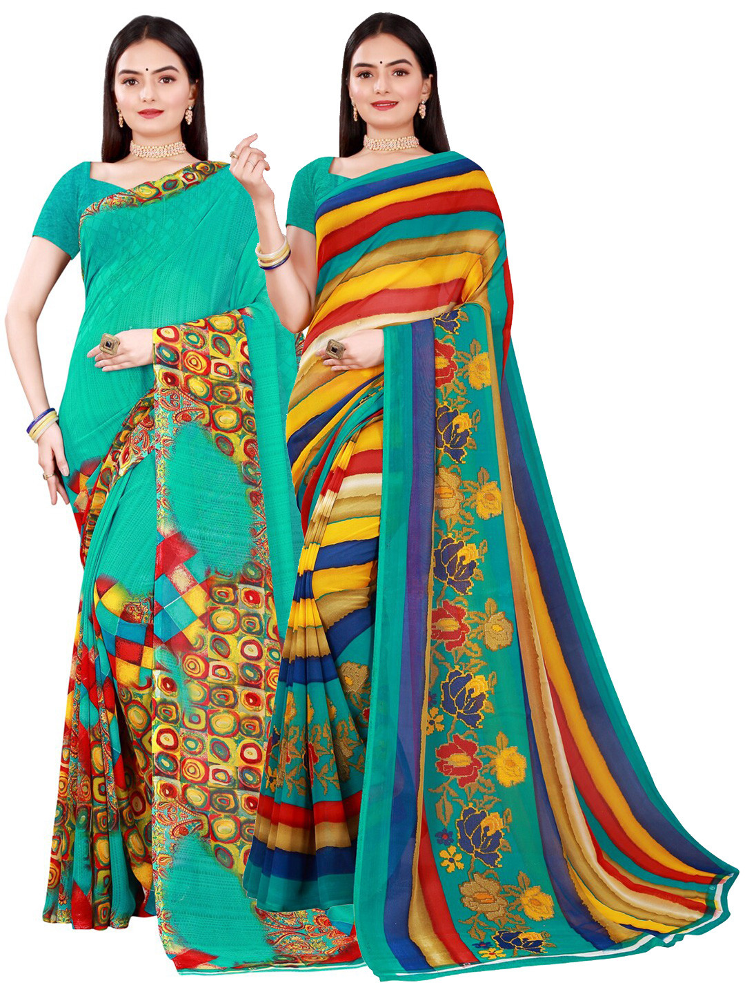 

SAADHVI Green & Red Pure Georgette Saree