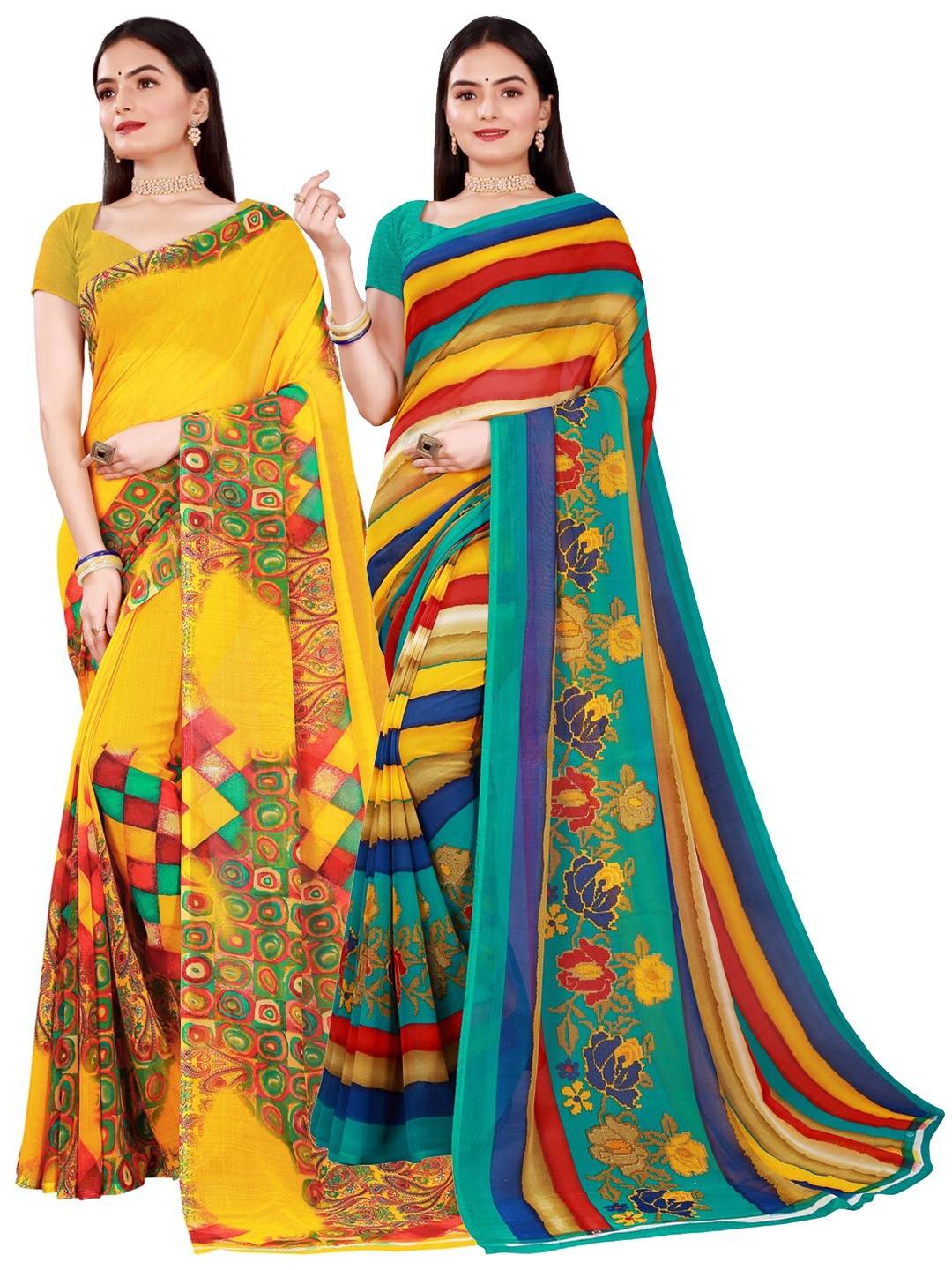 

SAADHVI Yellow & Red Pure Georgette Saree