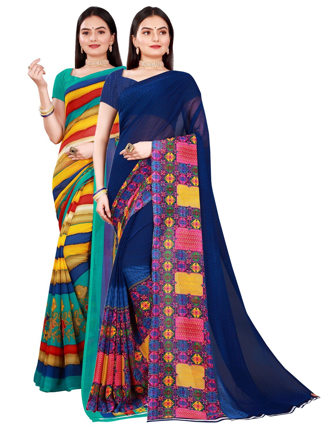 

SAADHVI Navy Blue & Red Pure Georgette Saree