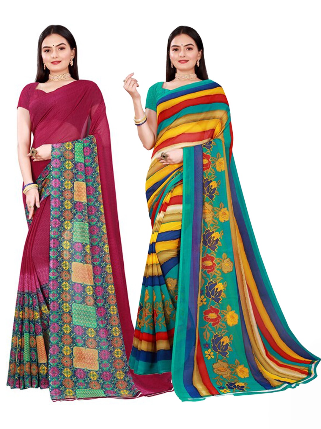 

SAADHVI Maroon & Yellow Floral Pure Georgette Saree