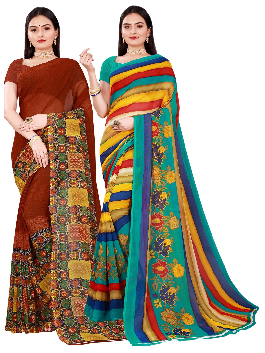 

SAADHVI Brown & Blue Pure Georgette Saree