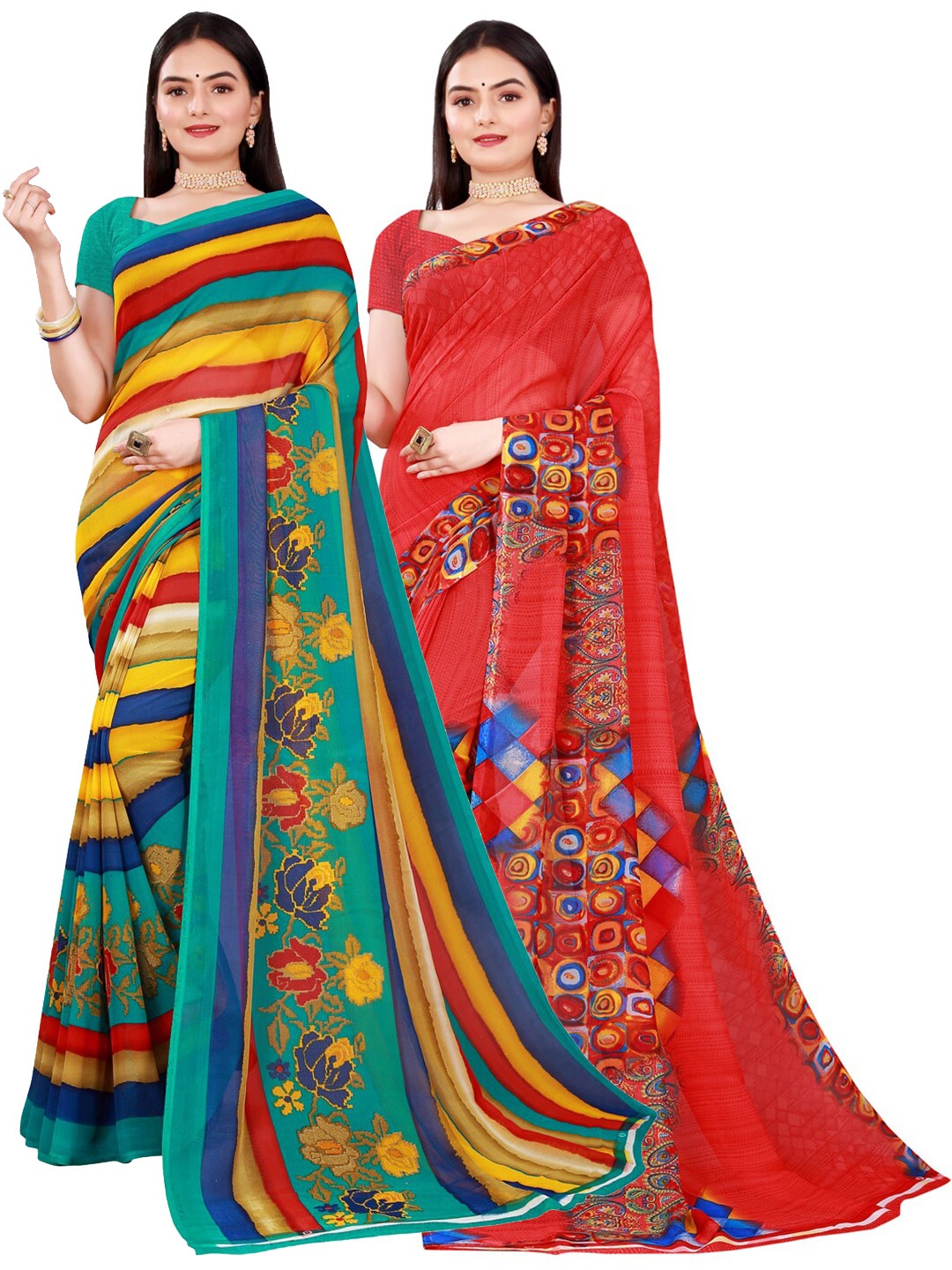 

SAADHVI Red & Yellow Pure Georgette Saree