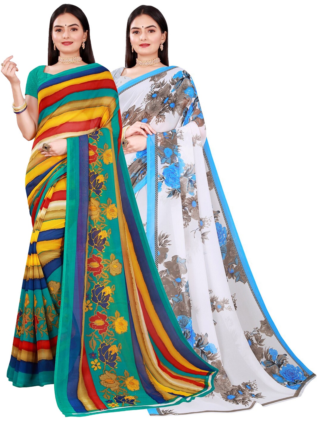 

SAADHVI White & Blue Floral Pure Georgette Saree