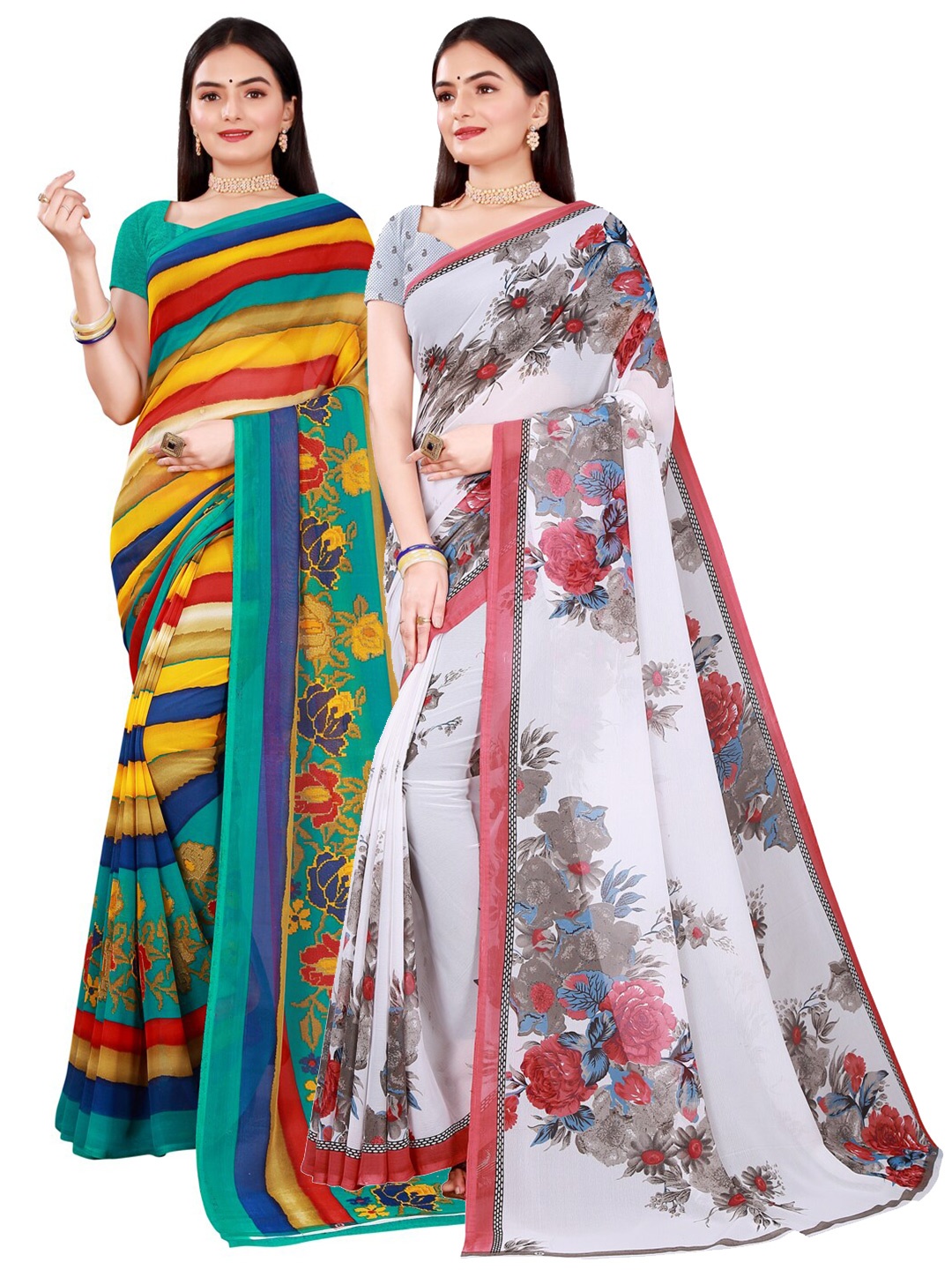 

SAADHVI White & Blue Floral Pure Georgette Saree