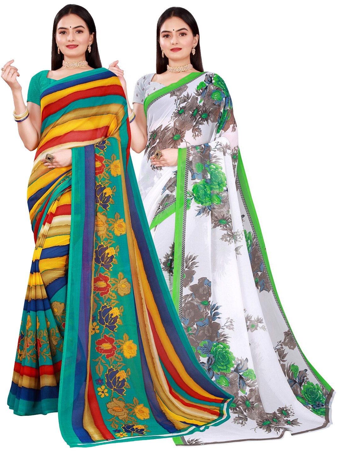 

SAADHVI White & Blue Floral Pure Georgette Saree