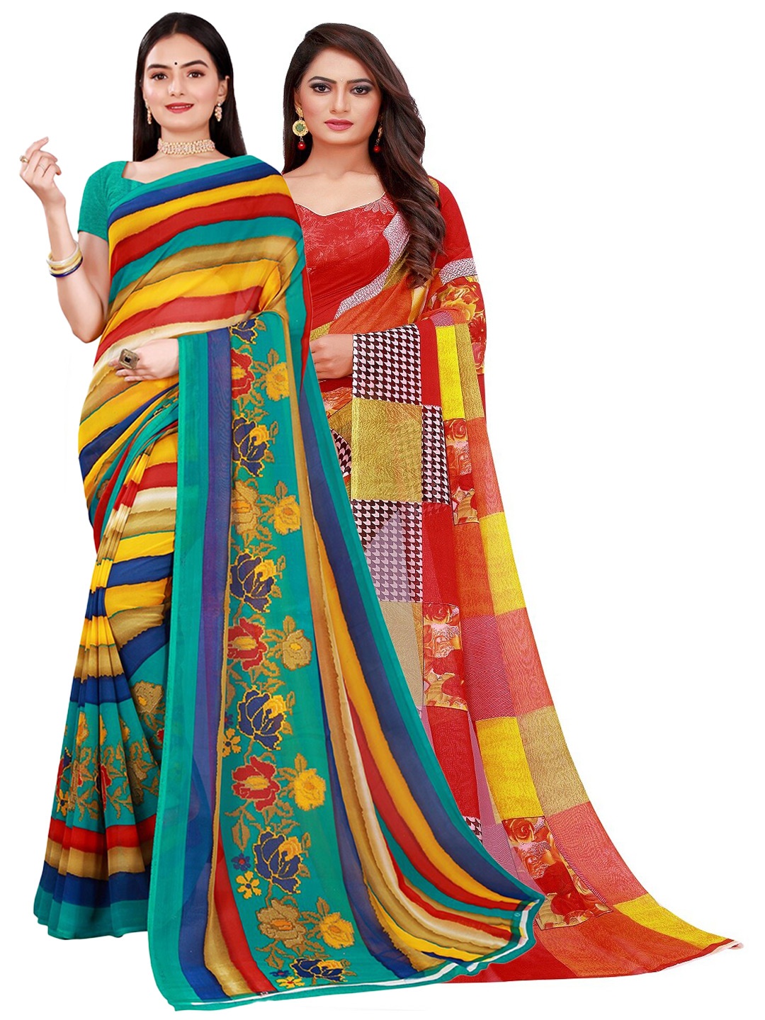 SAADHVI Red & Blue Floral Pure Georgette Saree