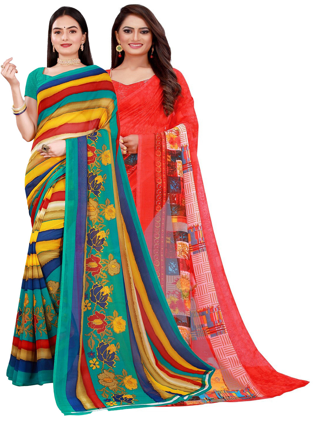 

SAADHVI Red & Blue Floral Pure Georgette Saree