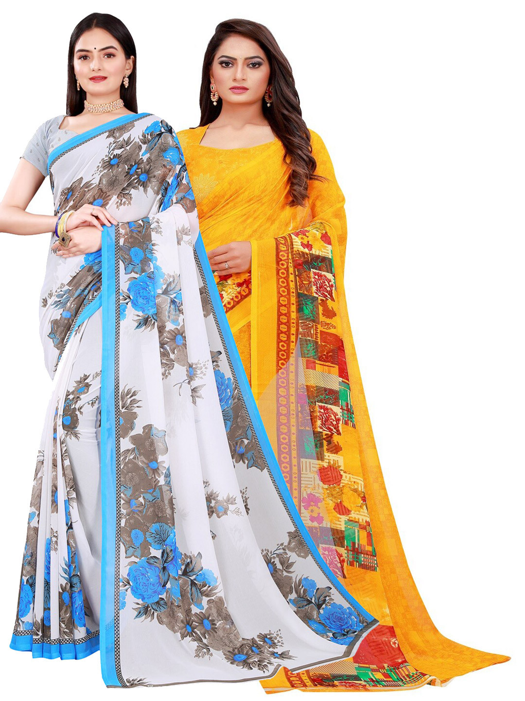 

SAADHVI White & Yellow Floral Pure Georgette Saree