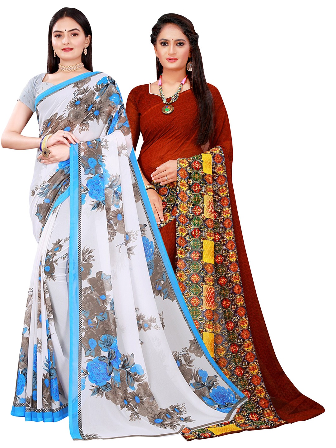 SAADHVI White & Brown Floral Pure Georgette Saree