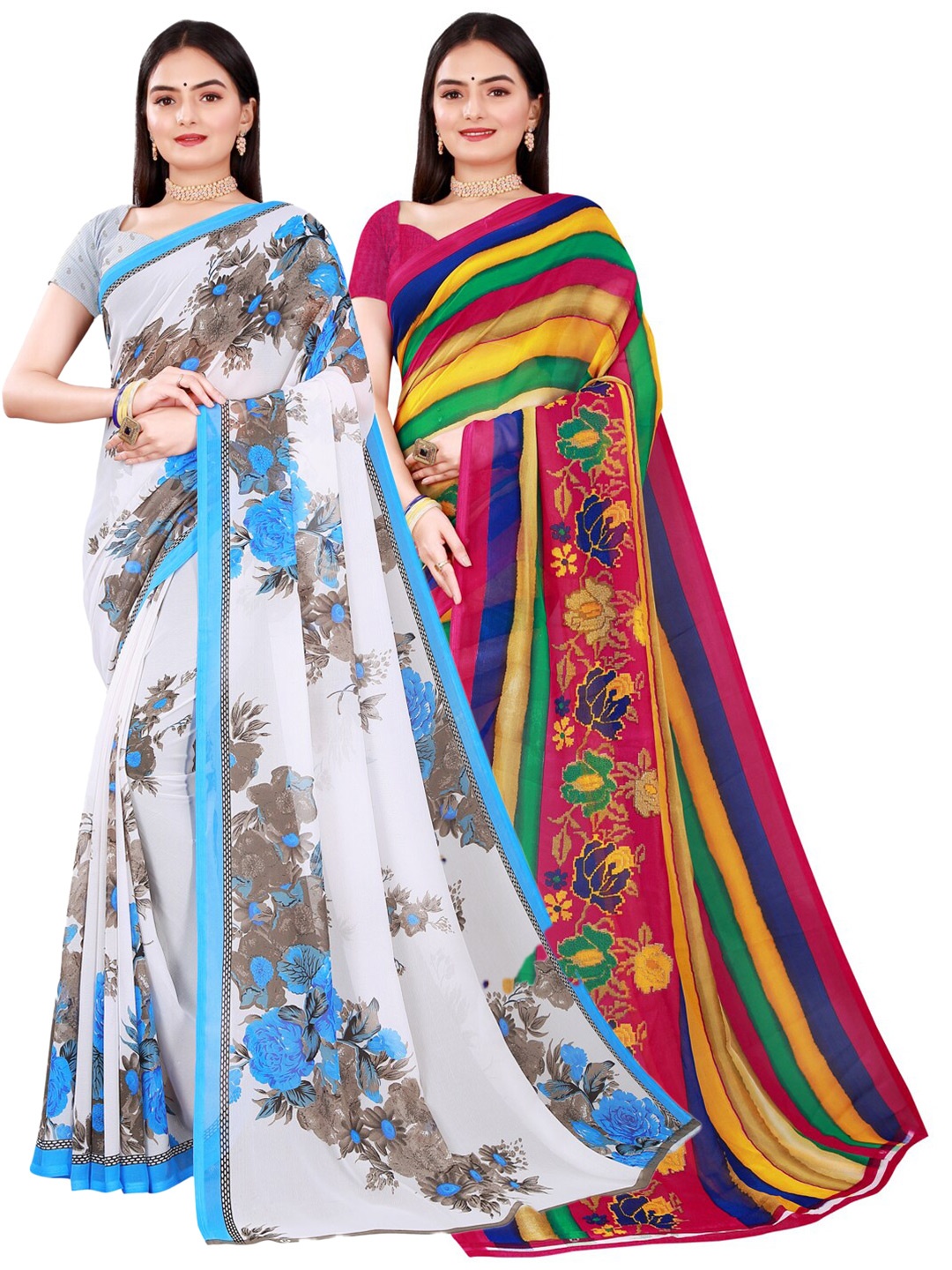 

SAADHVI White & Blue Floral Pure Georgette Saree