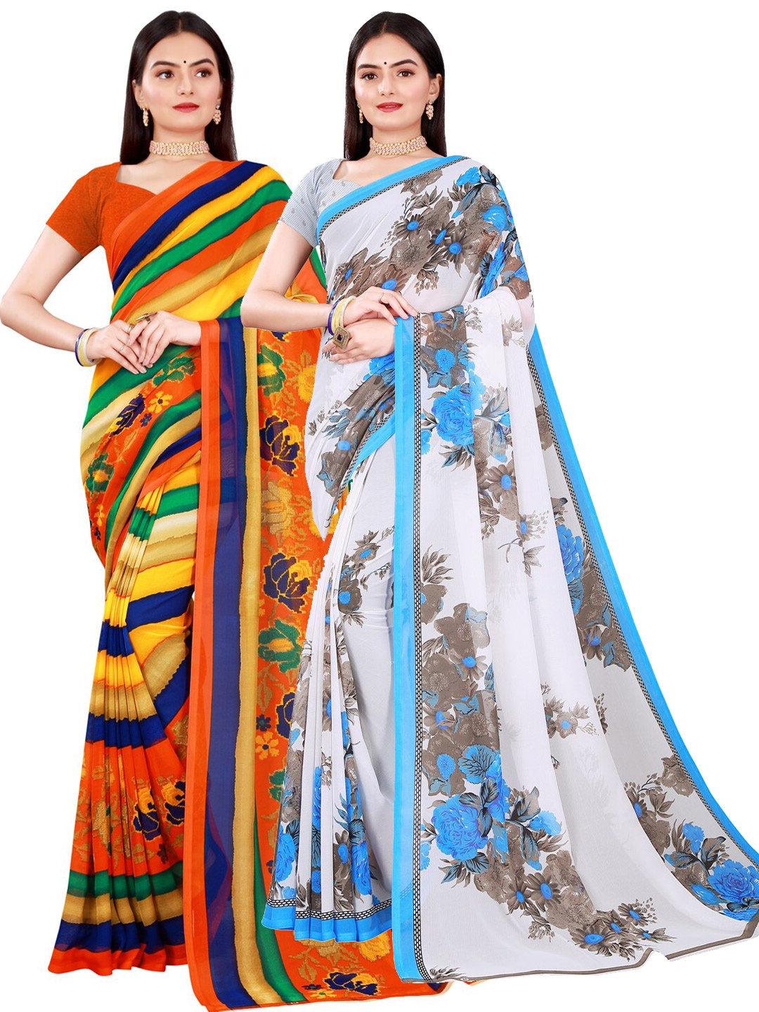 

SAADHVI White & Blue Floral Pure Georgette Saree