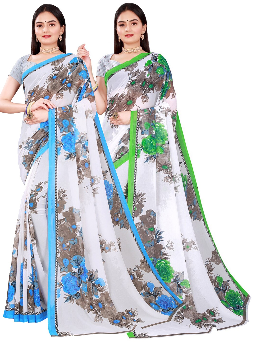 

SAADHVI White & Blue Floral Pure Georgette Saree