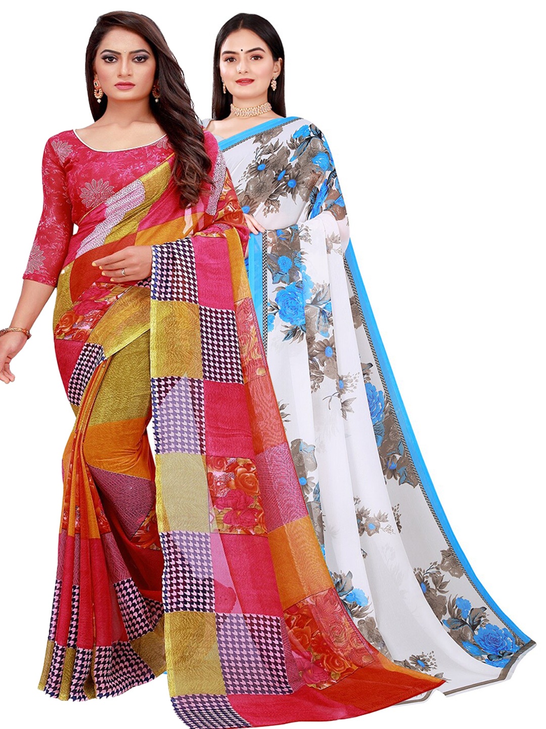 SAADHVI Red & White Floral Pure Georgette Saree