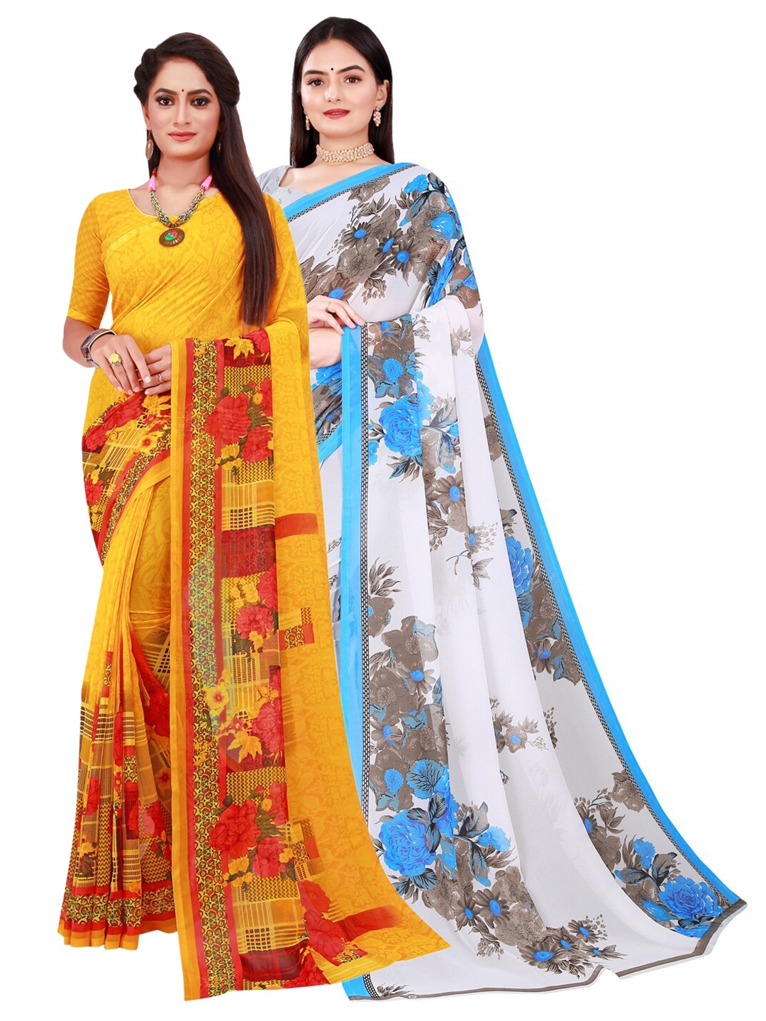 

SAADHVI Yellow & White Floral Pure Georgette Saree