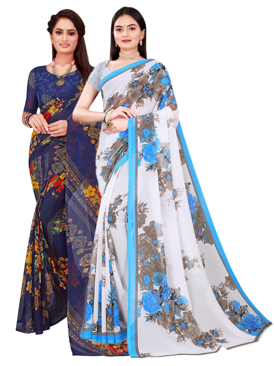 

SAADHVI White & Navy Blue Floral Pure Georgette Saree