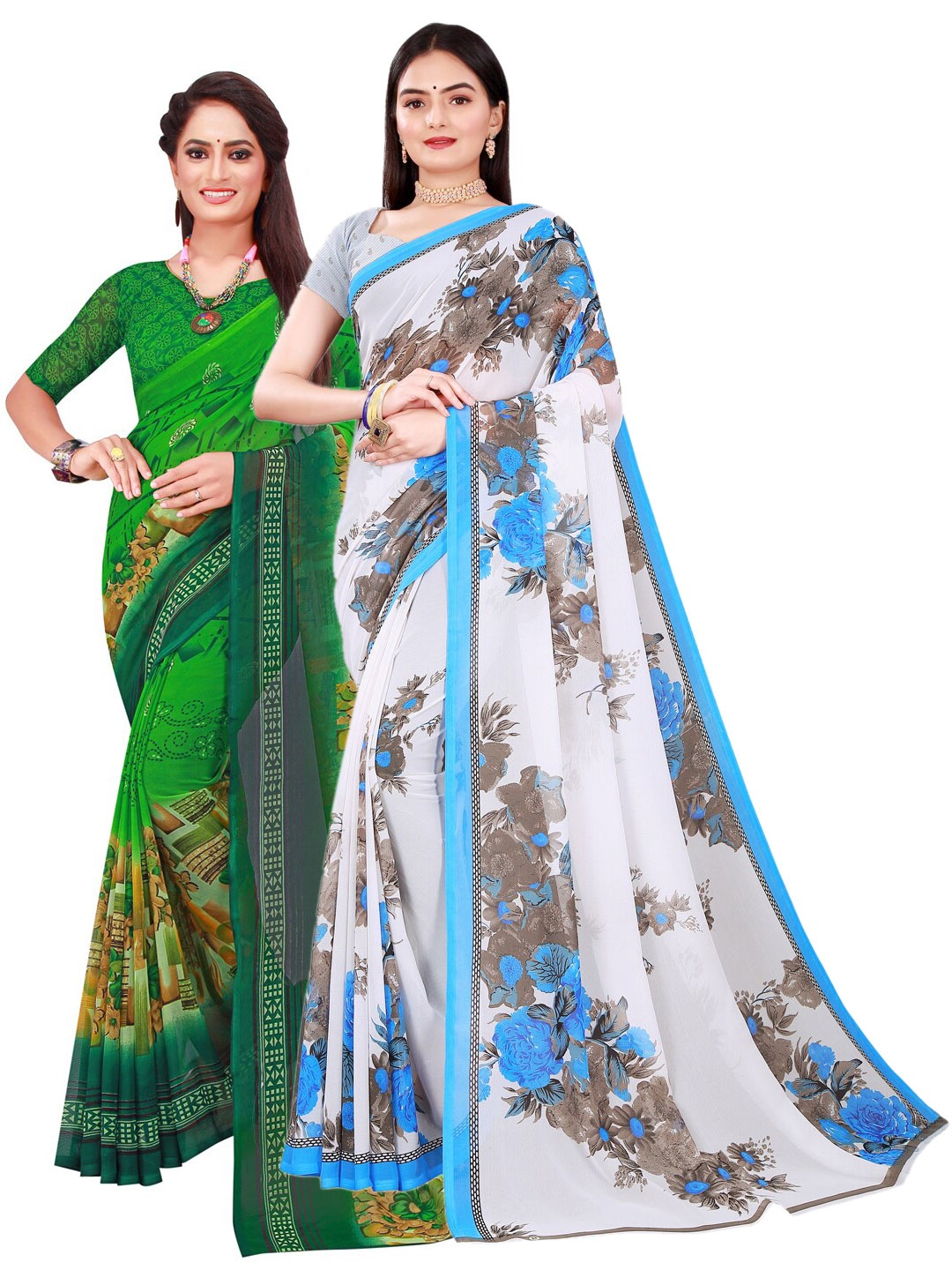 

SAADHVI White & Green Pure Georgette Saree