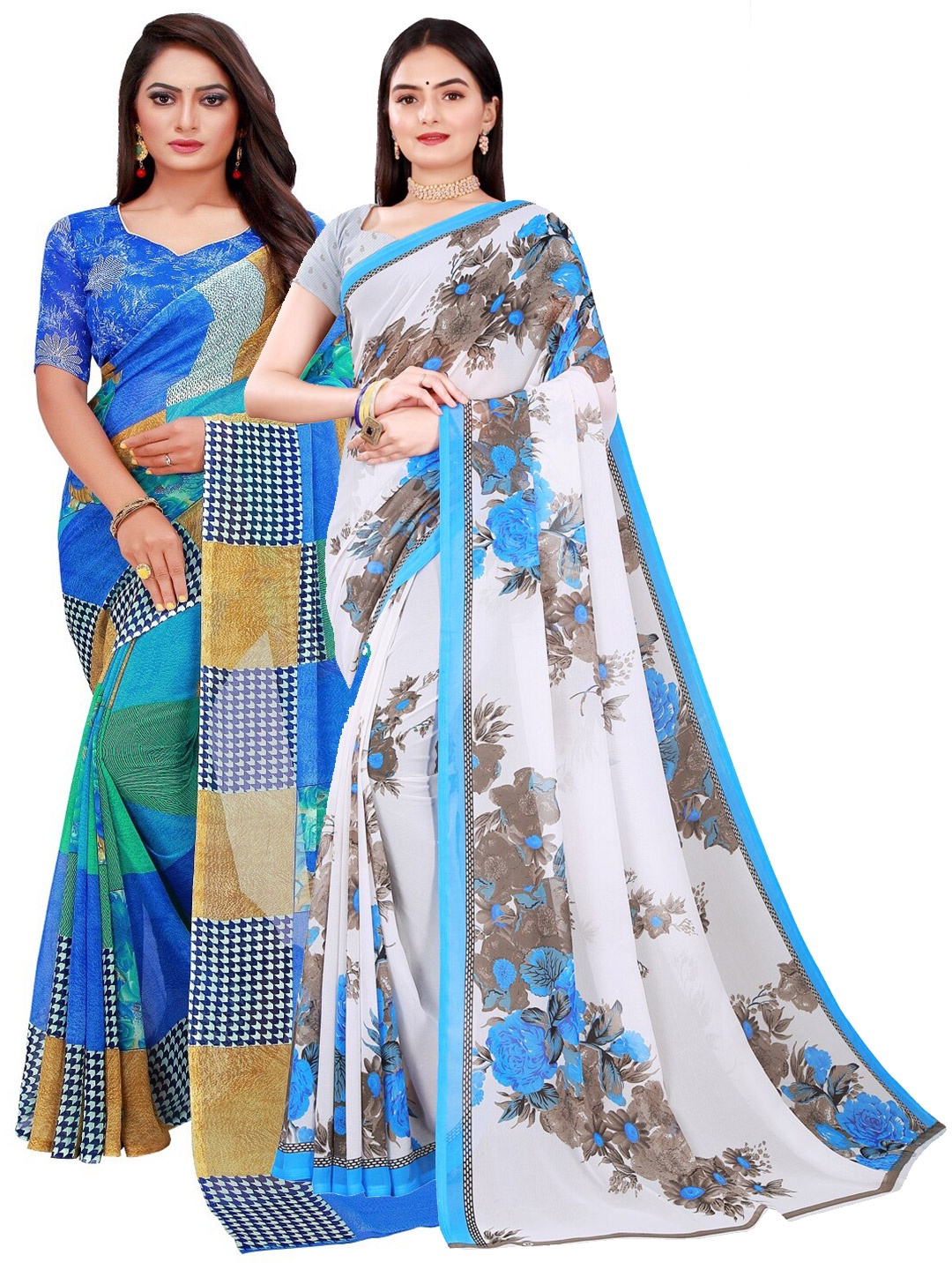 

SAADHVI White & Blue Floral Pure Georgette Saree