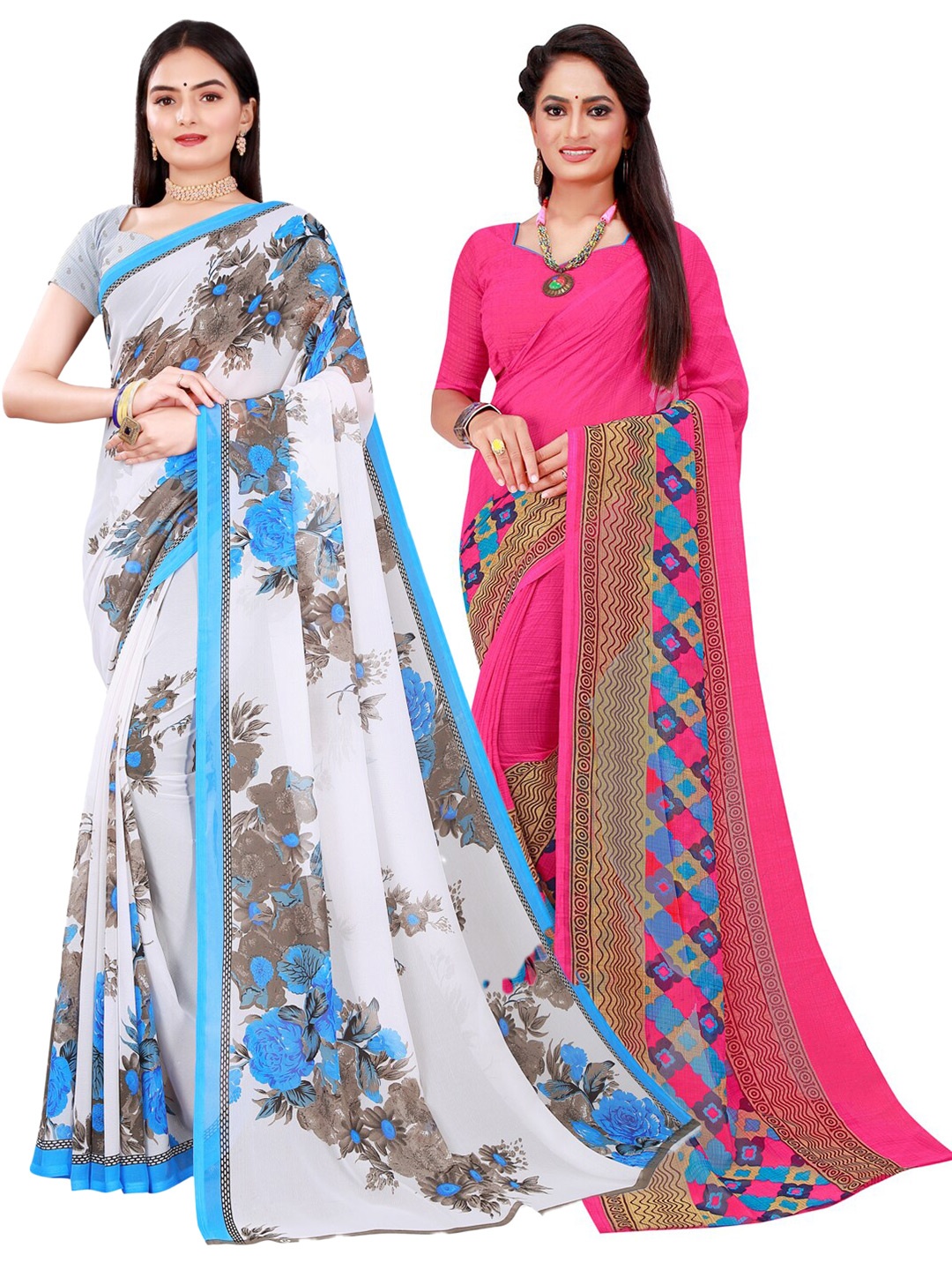 SAADHVI Magenta & Blue Floral Pure Georgette Saree